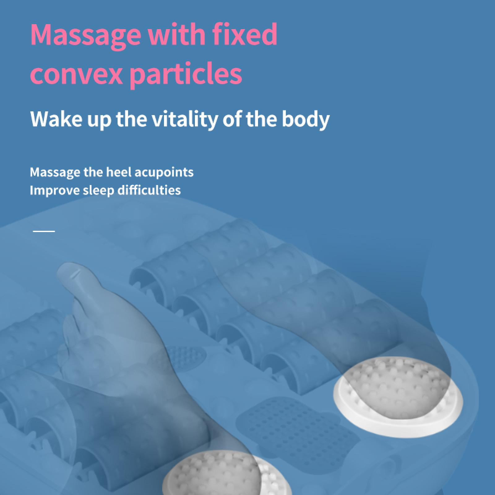 Ein Fuß ruht auf einem blauen Massagegerät mit festen konvexen Partikeln. Text wirbt für Akupunktmassage und Schlaf.