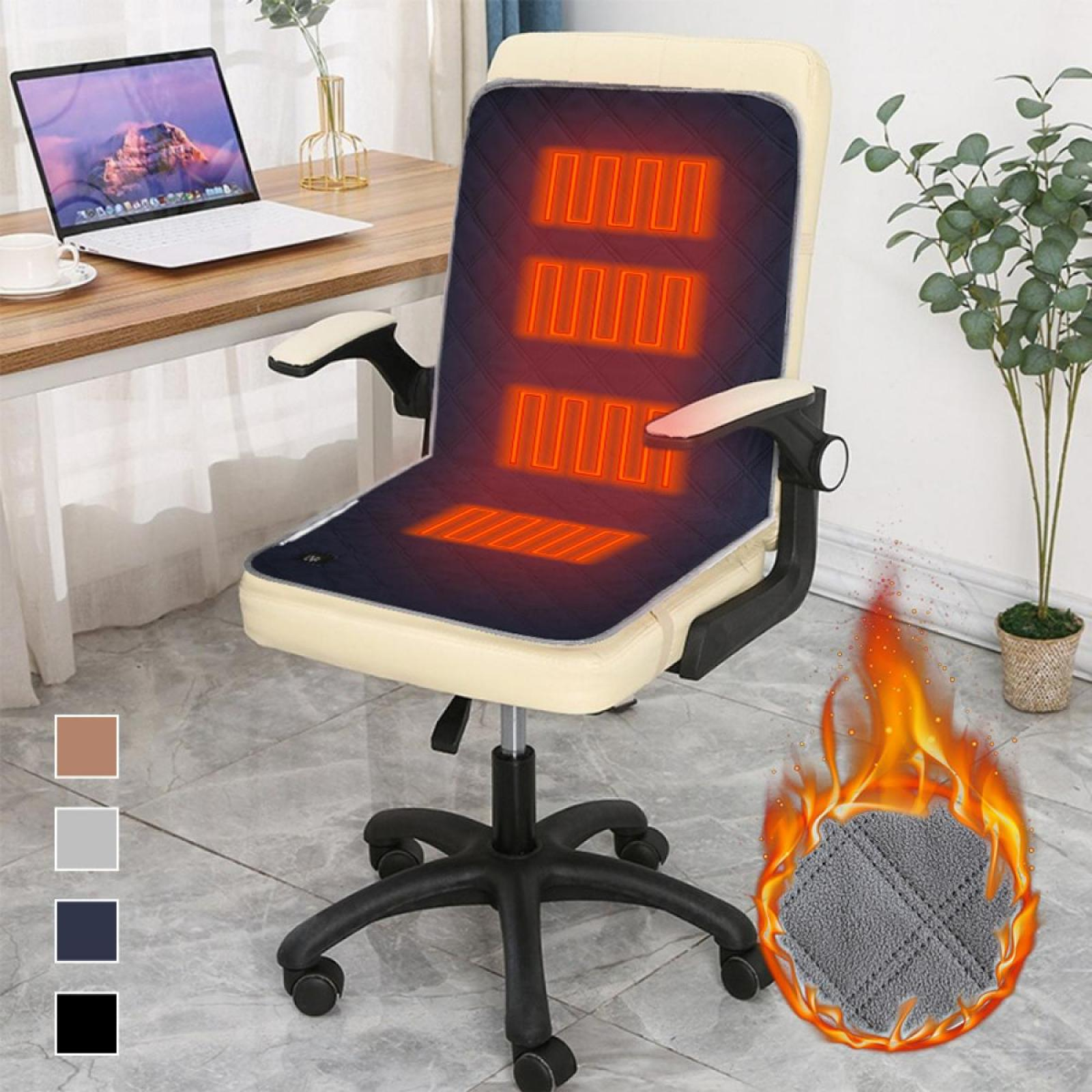 Bürostuhl mit beheiztem Sitz, Laptop auf dem Schreibtisch und ein brennendes Pad-Bild. Der Sitz zeigt Heizelemente.