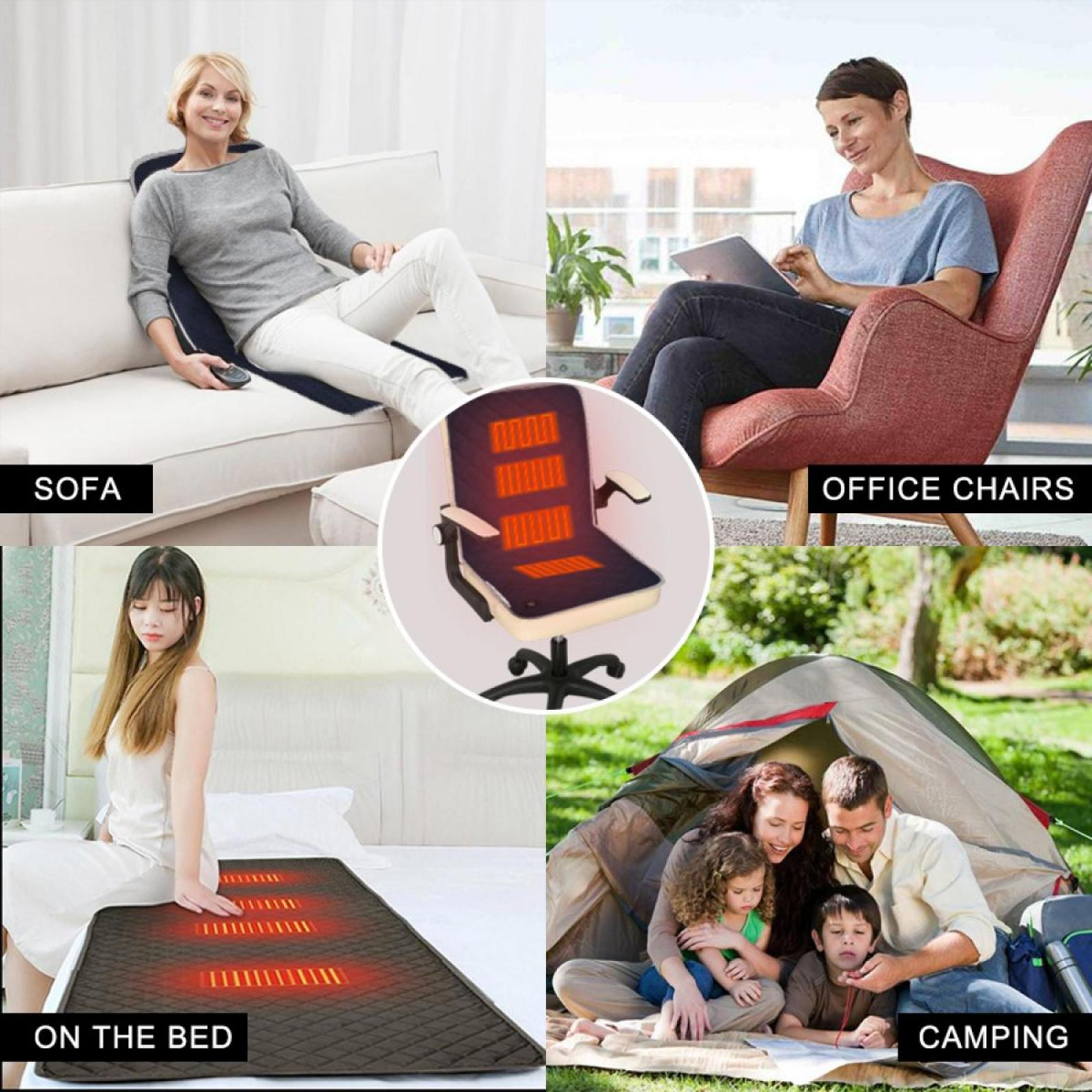 Das Bild zeigt vier Szenarien: Sofa, Bürostühle, auf dem Bett und Camping, jeweils mit einer Person oder Familie.
