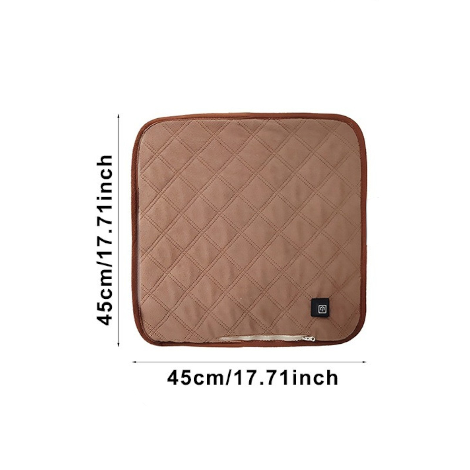 Ein braunes beheiztes Sitzkissen mit Steppmuster. Abmessungen sind 45 cm x 45 cm. Verfügt über einen Power-Knopf und Reißverschluss.