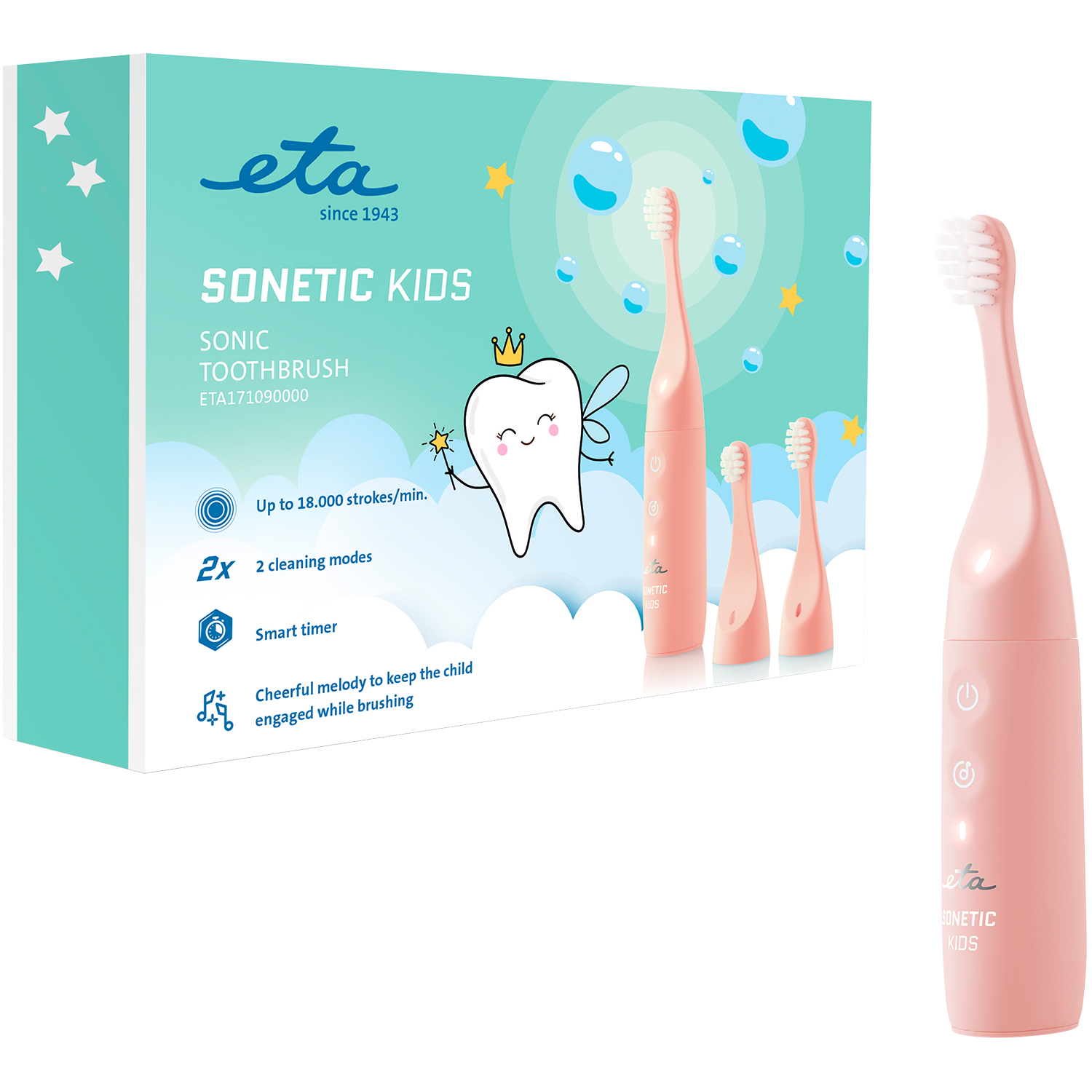 Rosa elektrische Kinderzahnbürste mit einer Cartoon-Zahndarstellung. Die Verpackung zeigt Funktionen und den Markennamen: ETA Sonetic Kids.