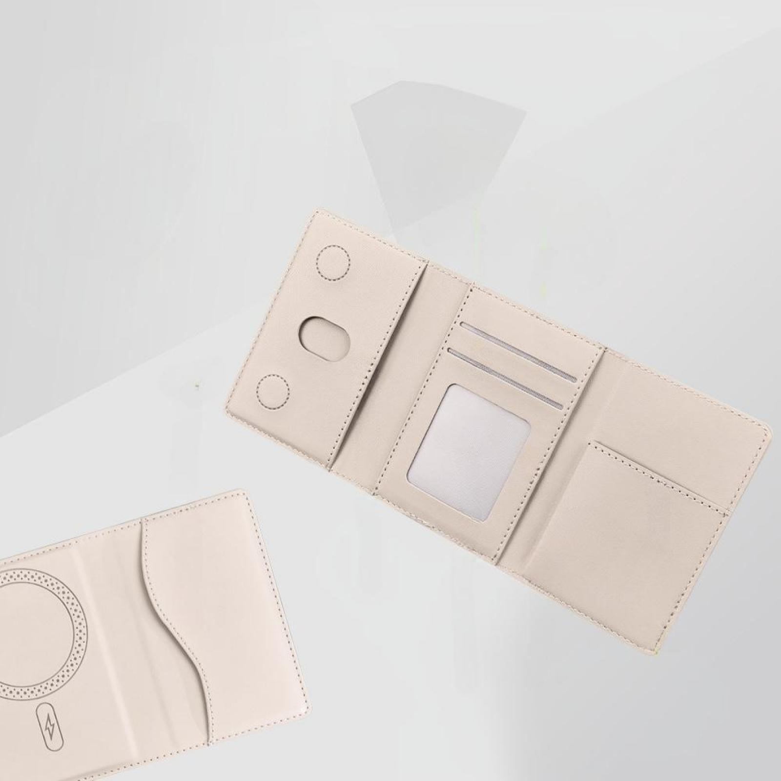 Offene beige Geldbörse mit Kartenfächern und einem offenen Sichtfenster. Eine geschlossene Geldbörse mit Ladekreis ist auch sichtbar.