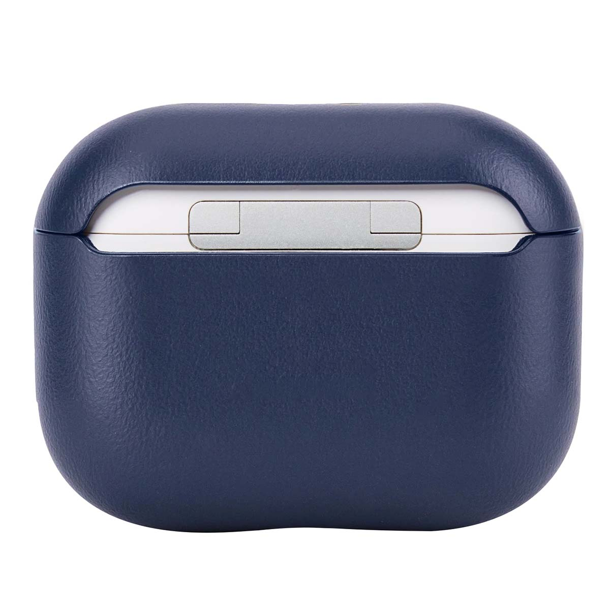 Una funda azul marino para AirPods. La funda tiene una superficie texturizada, una bisagra plateada y un interior blanco.