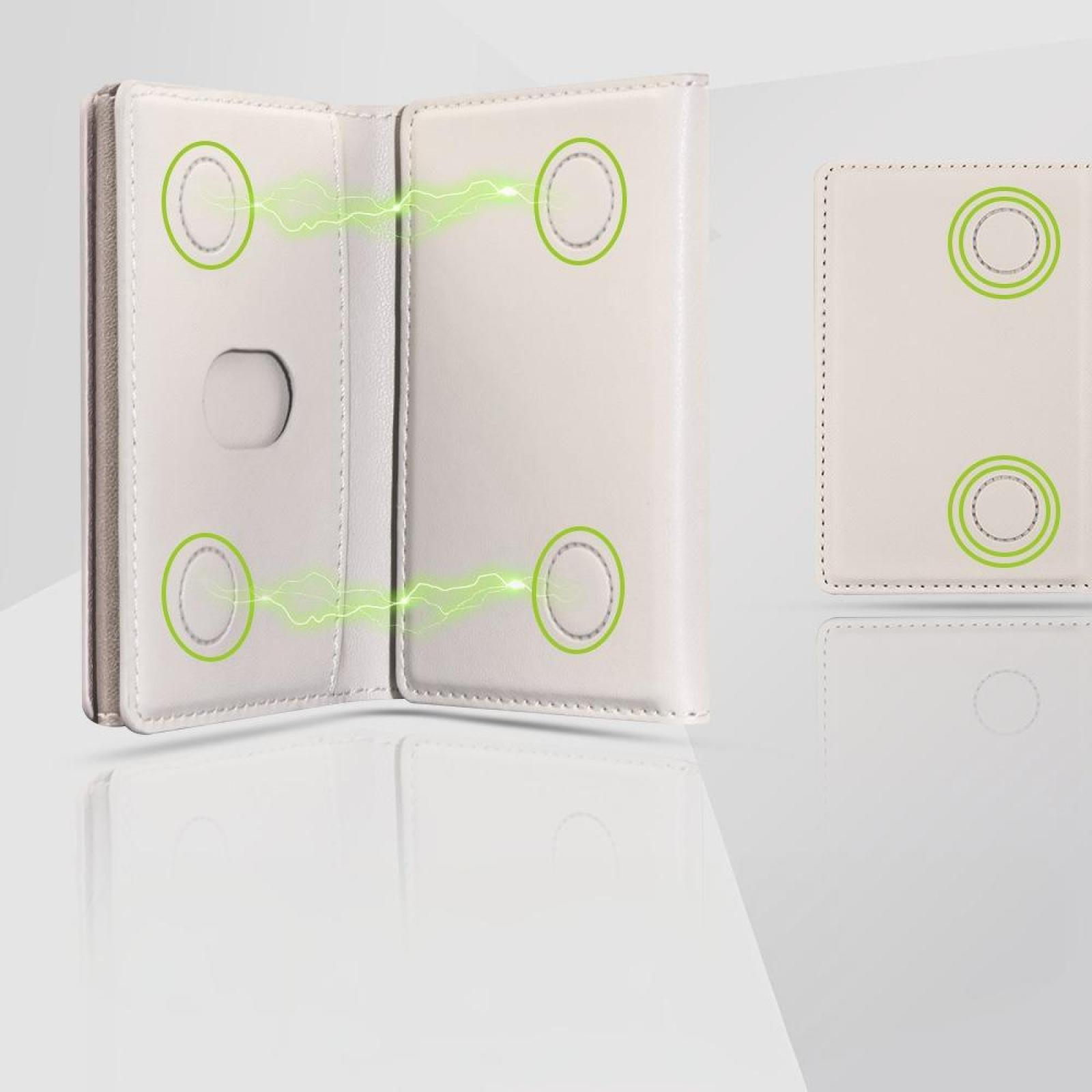 Ein weißes Portemonnaie ist geöffnet und zeigt Kreise mit grünen Umrissen. Grüne elektrische Funken verbinden die Kreise.