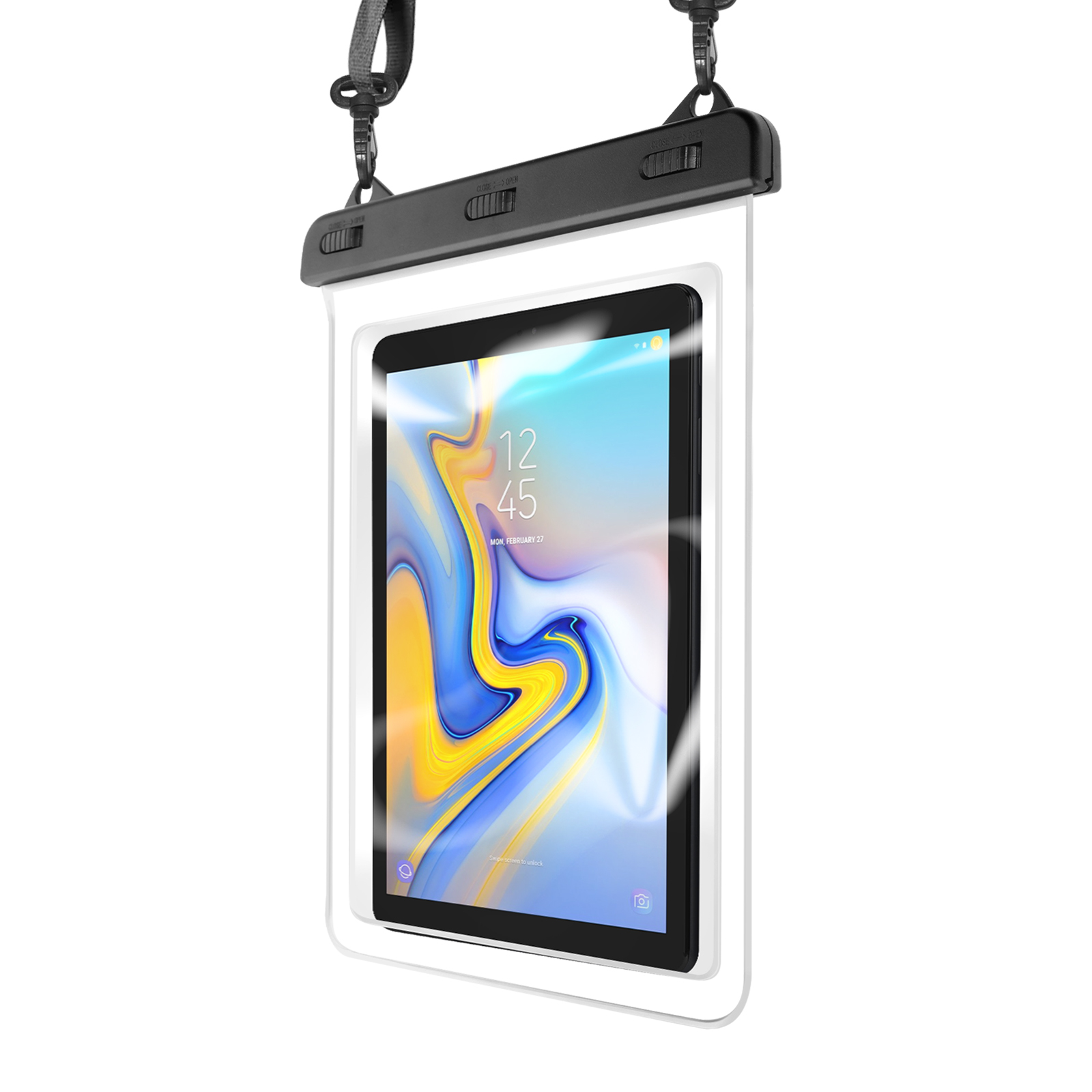 Tablet in custodia impermeabile, appeso a una cinghia. Il tablet mostra l'ora e la data.