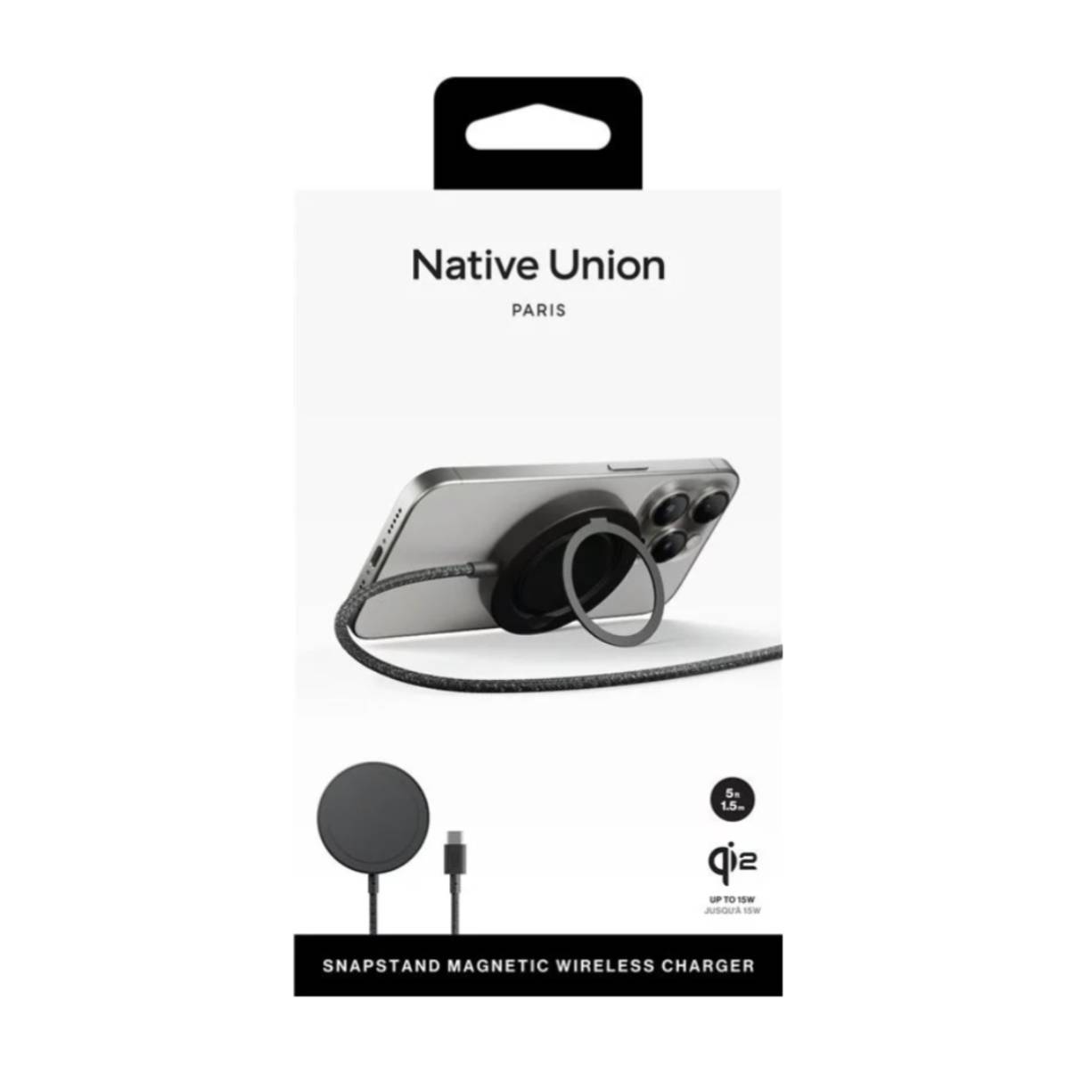 Native Union Snapstand kabellose Ladegerätbox. Zeigt ein angeschlossenes Telefon, ein Ladepad und Text: Snapstand Magnetic Wireless Charger.