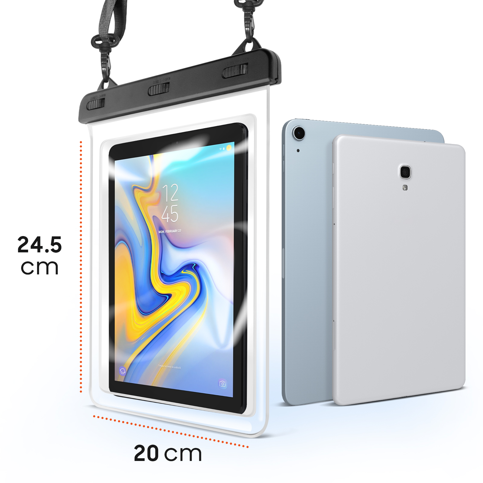 Un tablet in custodia impermeabile, 2 tablet dietro. Vengono mostrate le dimensioni. Custodia trasparente, cinturino nero e tablet.
