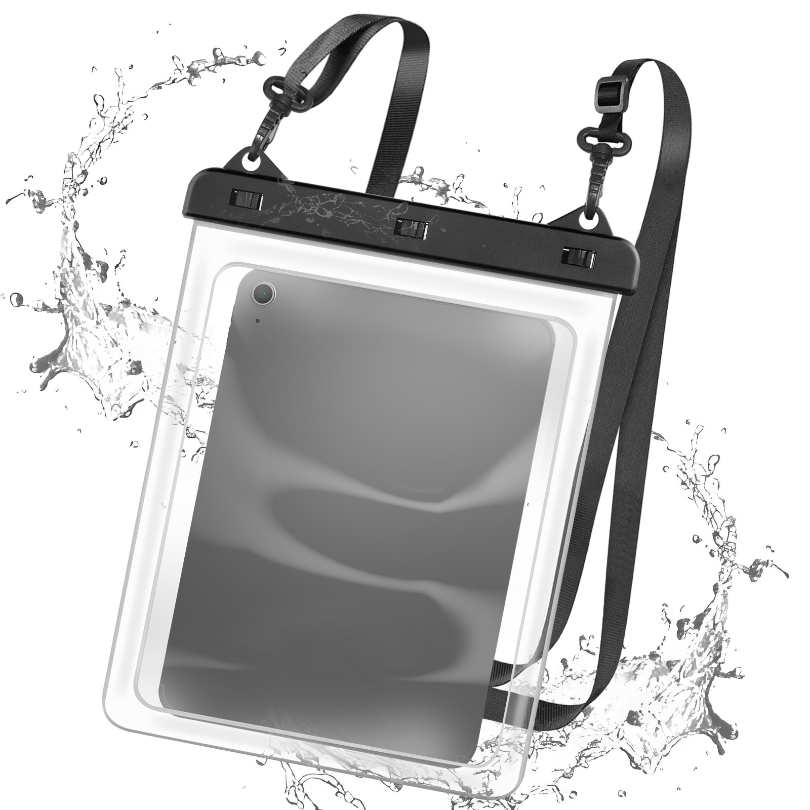 Una custodia impermeabile con un tablet all'interno, sospesa da una cinghia nera. Schizzi d'acqua circondano la custodia.