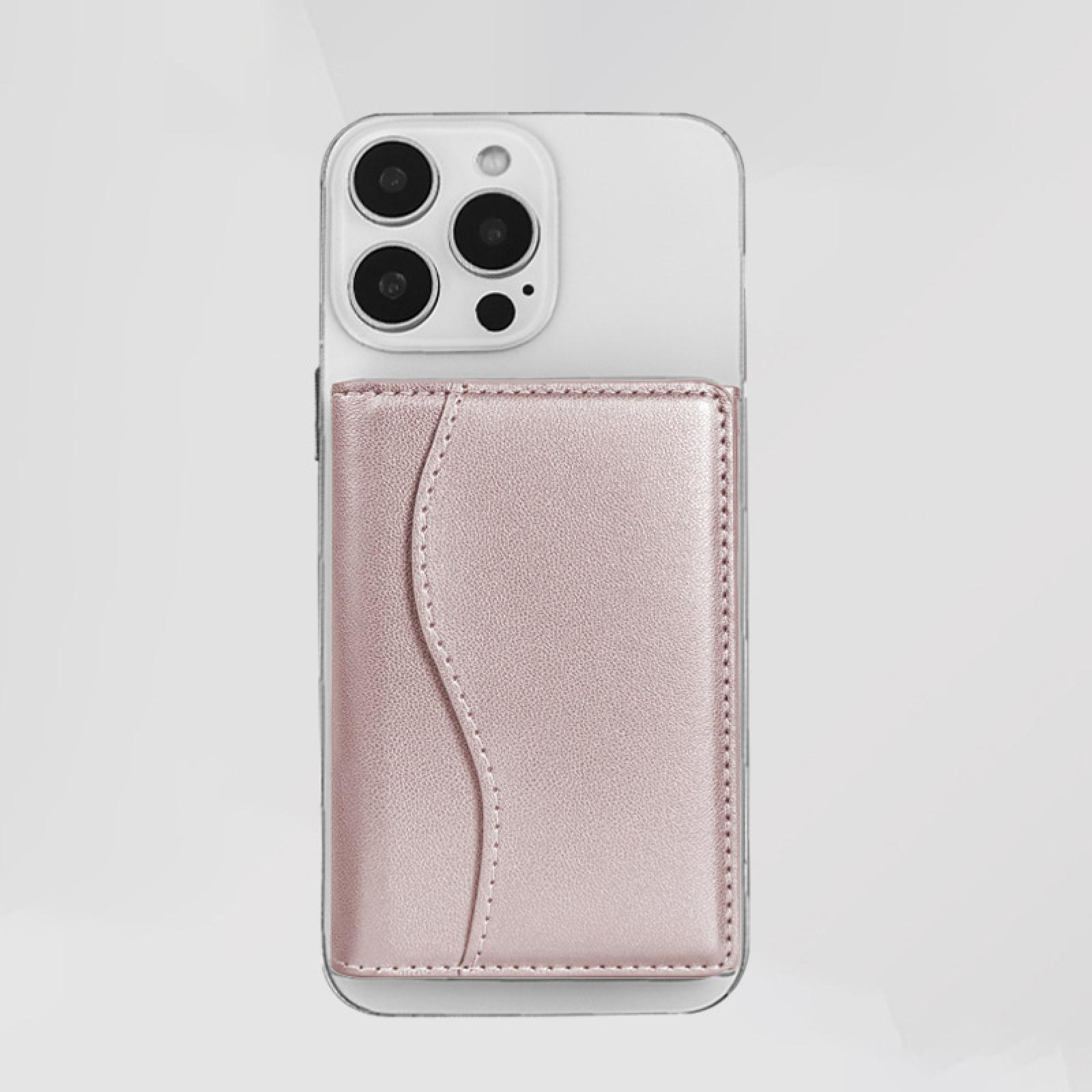 Ein Telefon mit einer angebrachten rosa Geldbörsenhülle. Das Telefon hat Kameras, und die Geldbörsenhülle hat ein geschwungenes Design.