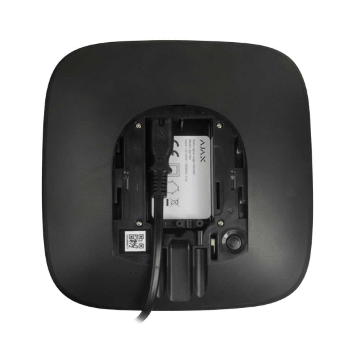Retro del dispositivo nero con cavo USB inserito. Il dispositivo ha un'area incassata con etichetta e codice QR.