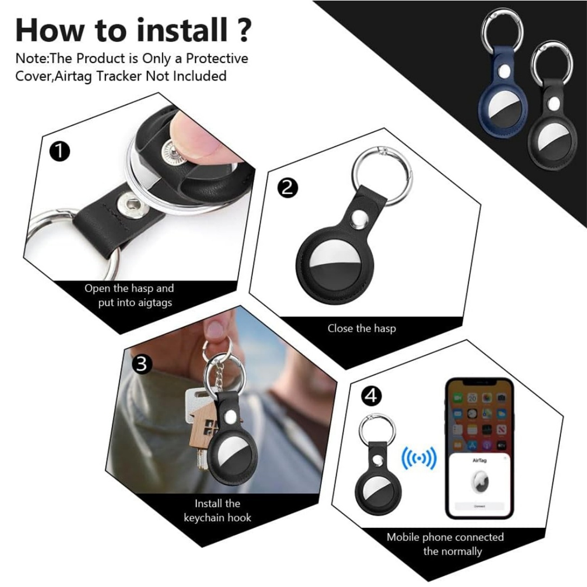 Anweisungen zur Installation eines AirTags, die Schritte zeigen: Öffnen des Verschlusses, Schließen, Befestigen an Schlüsseln und Verbinden mit einem Telefon.