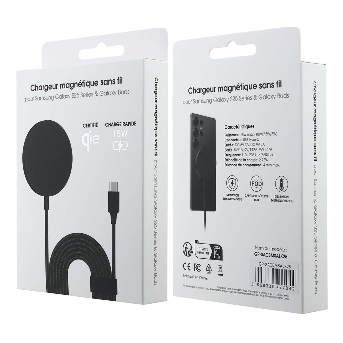 Una scatola bianca con un caricabatterie wireless per Samsung Galaxy S25. Dettagli includono un pad di ricarica nero e un cavo USB-C.