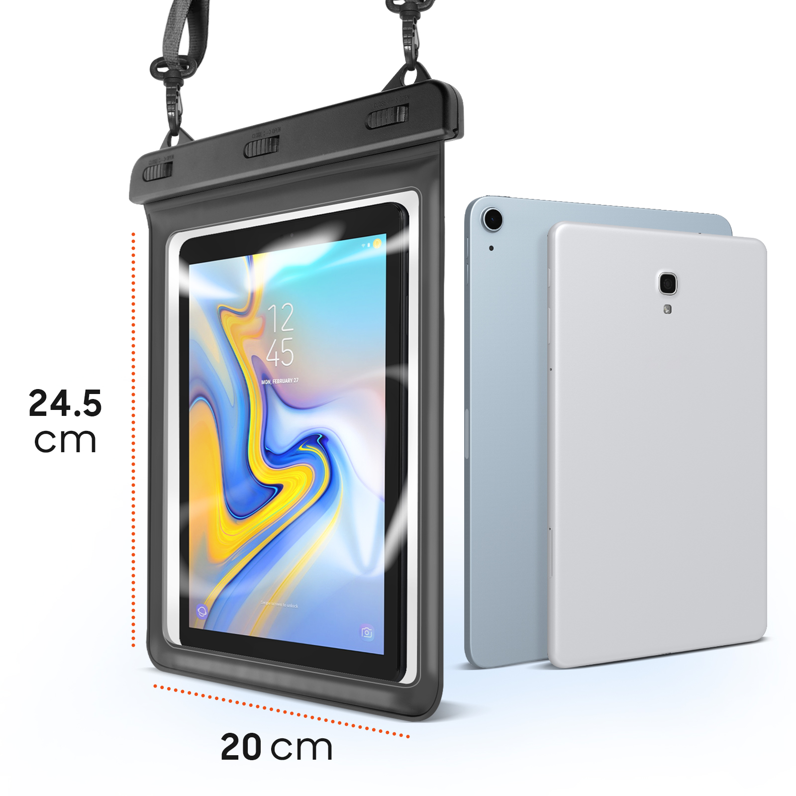 Un tablet in una custodia impermeabile, 2 tablet sono accanto ad esso. Le dimensioni sono indicate. Custodia nera, tablet bianchi e blu.