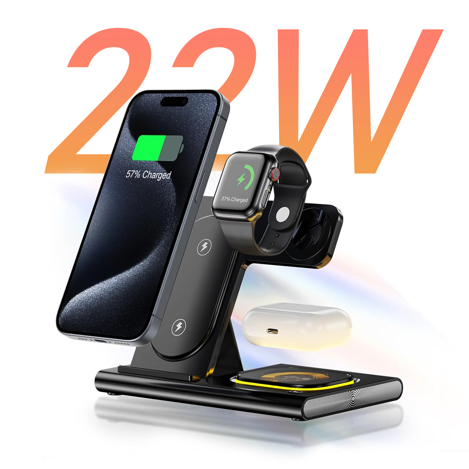 Eine schwarze Ladestation mit Telefon, Uhr und Ohrhörern. Telefon ist zu 57 % aufgeladen, Uhr zu 37 %. 22W im Hintergrund.