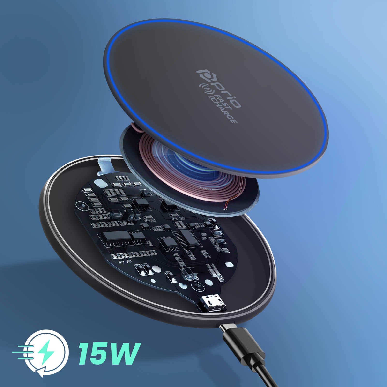 Caricabatterie wireless con componenti interni esposti, design nero e grigio, con luce blu di accento. Indicatore 15W.