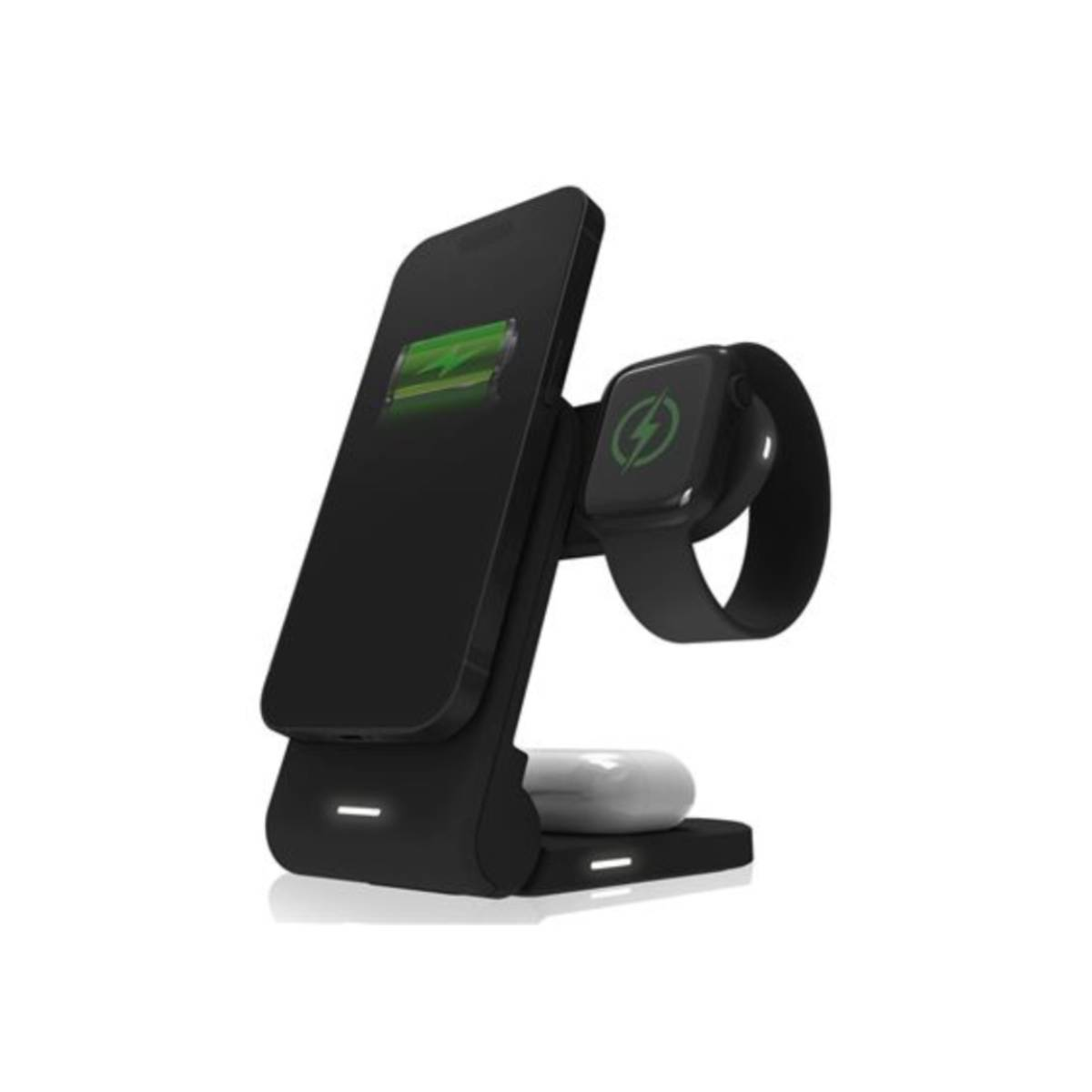 Une station de charge noire avec un téléphone, une montre et des écouteurs. Le téléphone affiche une icône de chargement. Tous les appareils sont noirs.
