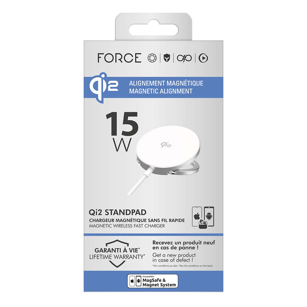 Ein weißes und silbernes Qi2-Standpad-Ladegerät auf einer Produktverpackung. Es hat eine lebenslange Garantie und ist MagSafe-kompatibel.