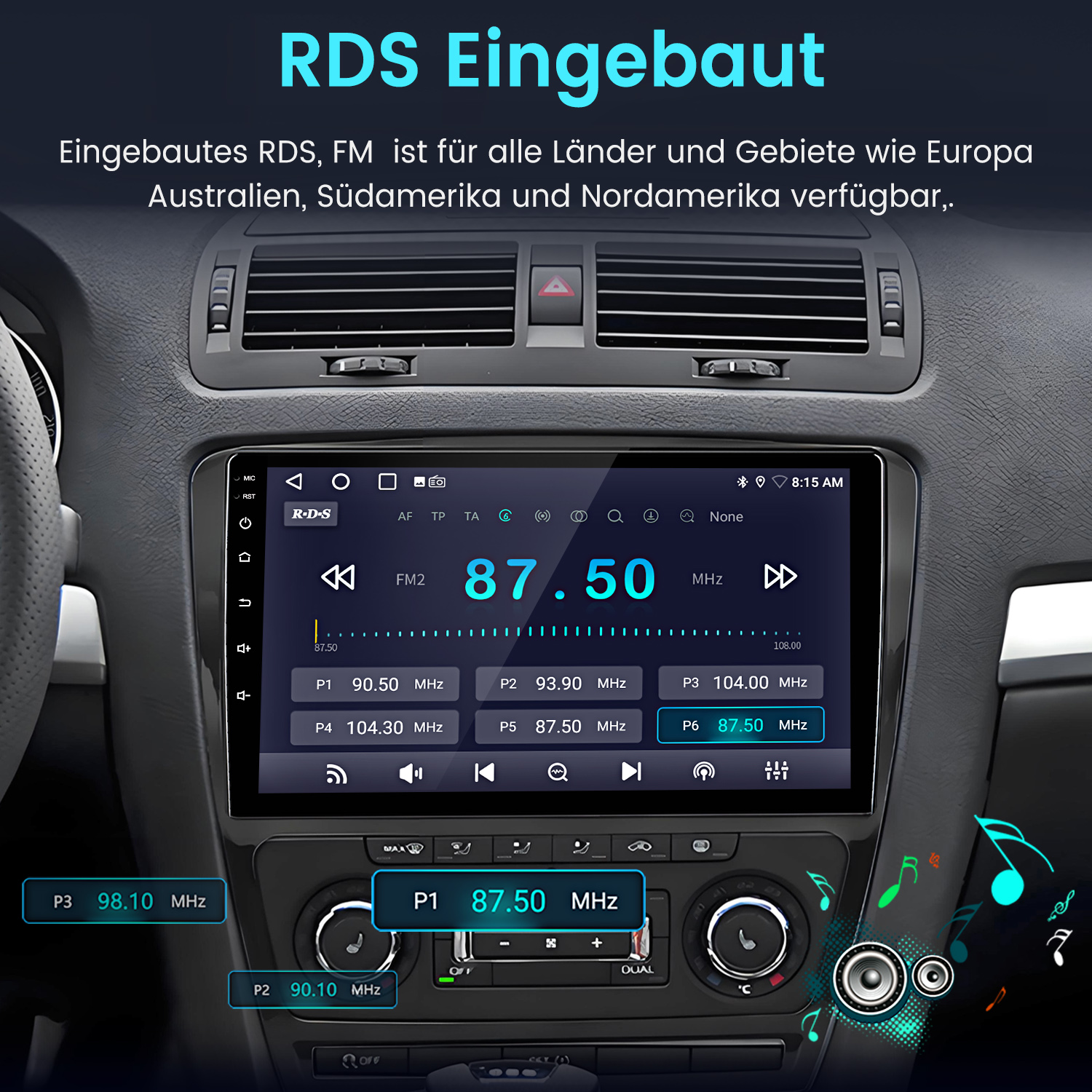 Autoradio-Bildschirm mit FM-Frequenz 87,50 MHz. Tasten für verschiedene Radiosender sind sichtbar. Das Armaturenbrett des Autos ist im Bild.