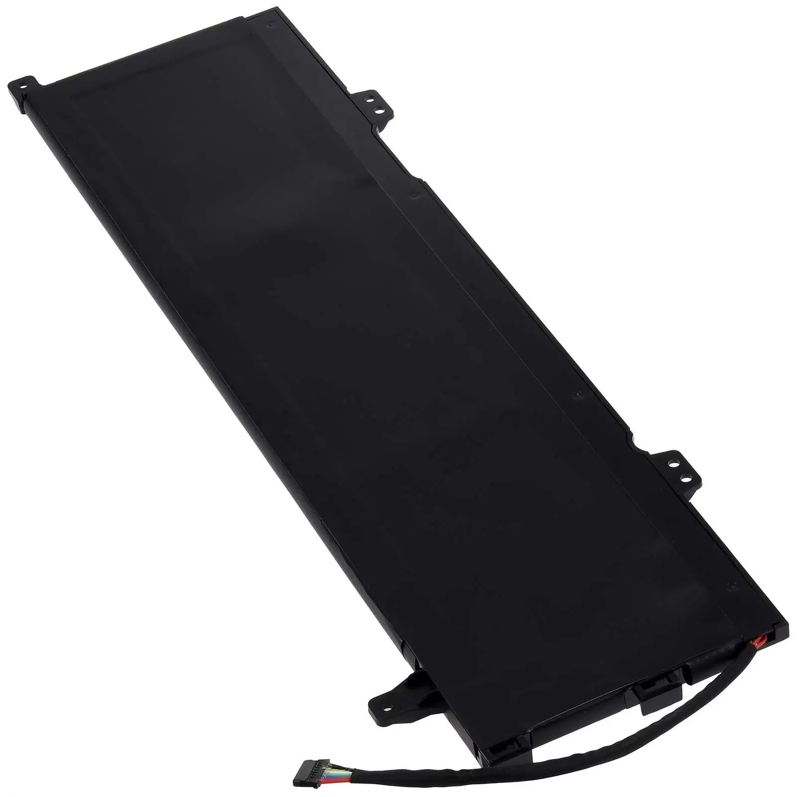 Ein schwarzes Laptop-Akkupack, rechteckig mit Anschlusskabel. Es hat Befestigungsmerkmale.