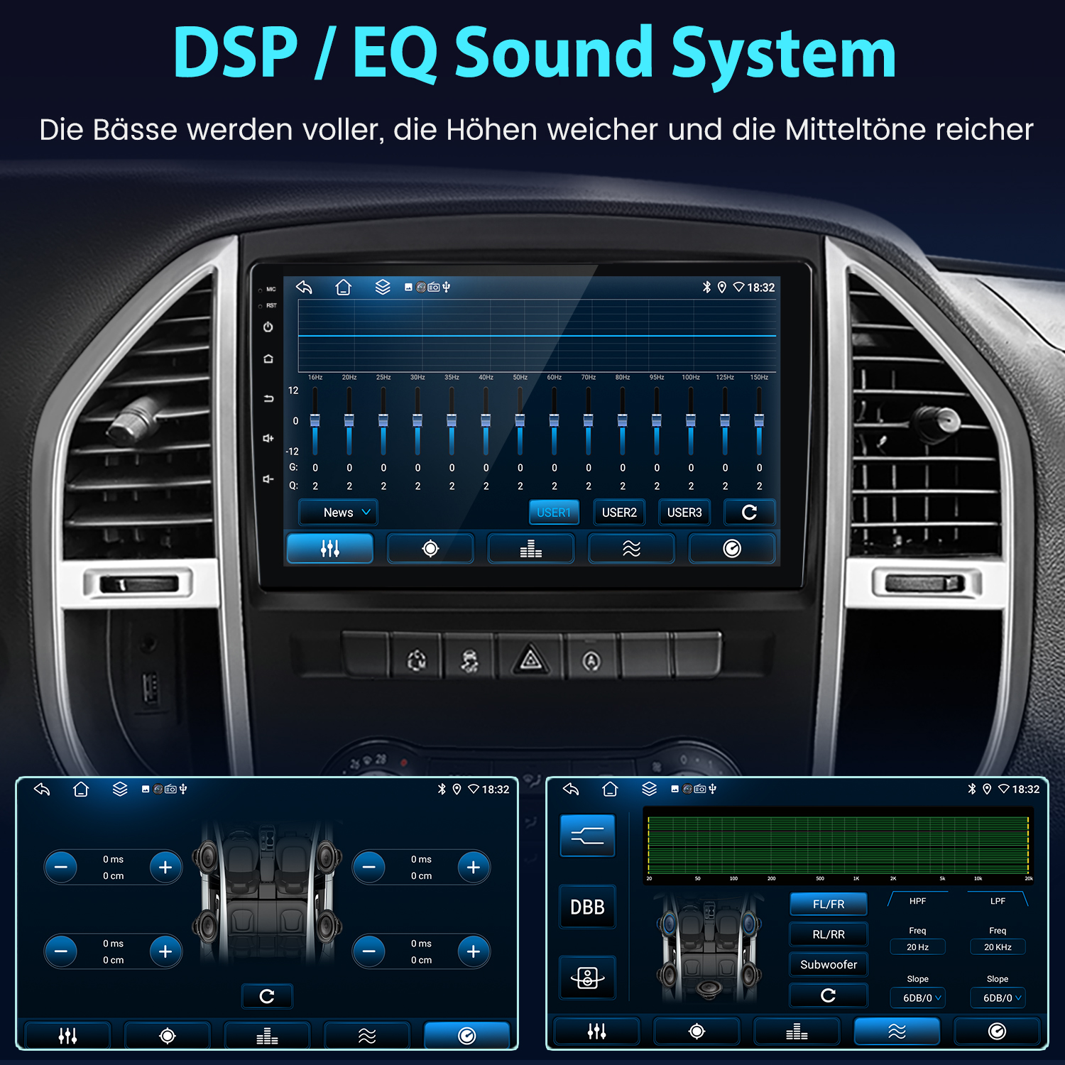 Auto-Audiosystem-Schnittstelle mit Equalizer-Steuerung und Lautsprechereinstellungen. Anzeige zeigt Frequenzanpassungen und Toneinstellungen.