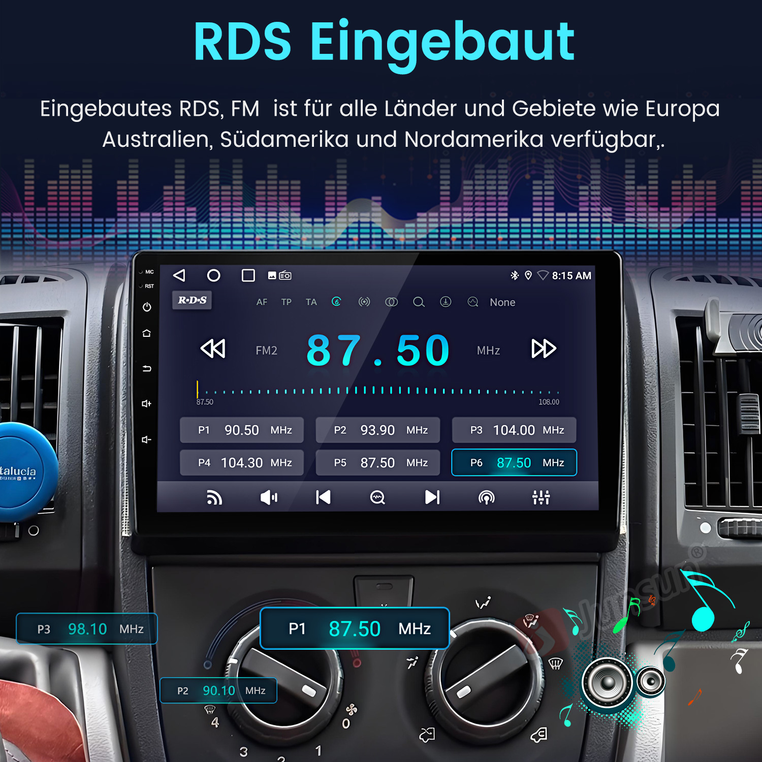 Autoradio-Bildschirm mit FM-Frequenz 87,50 MHz, umgeben von Knöpfen und Bedienelementen, im Armaturenbrett eines Autos.