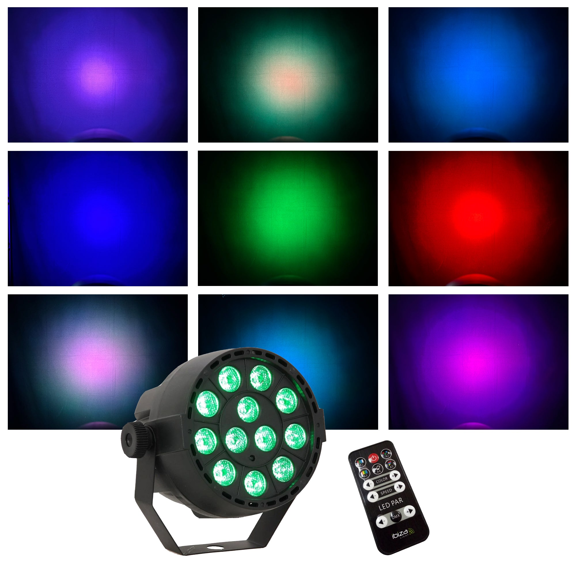 Ein Bühnenlicht mit grünen LEDs, eine Fernbedienung und farbige Lichtanzeigen auf weißem Hintergrund.