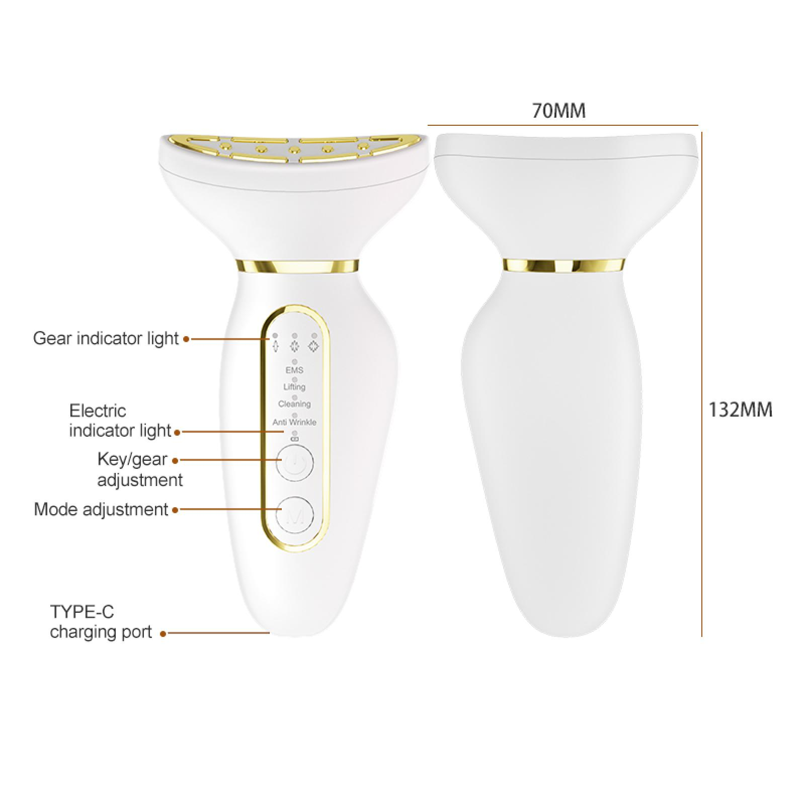 Ein weißes und goldenes Gesichtspflegegerät. Es hat Knöpfe mit der Aufschrift EMS, Lifting, Cleaning und Anti Wrinkle. Es misst 70 mm x 132 mm.