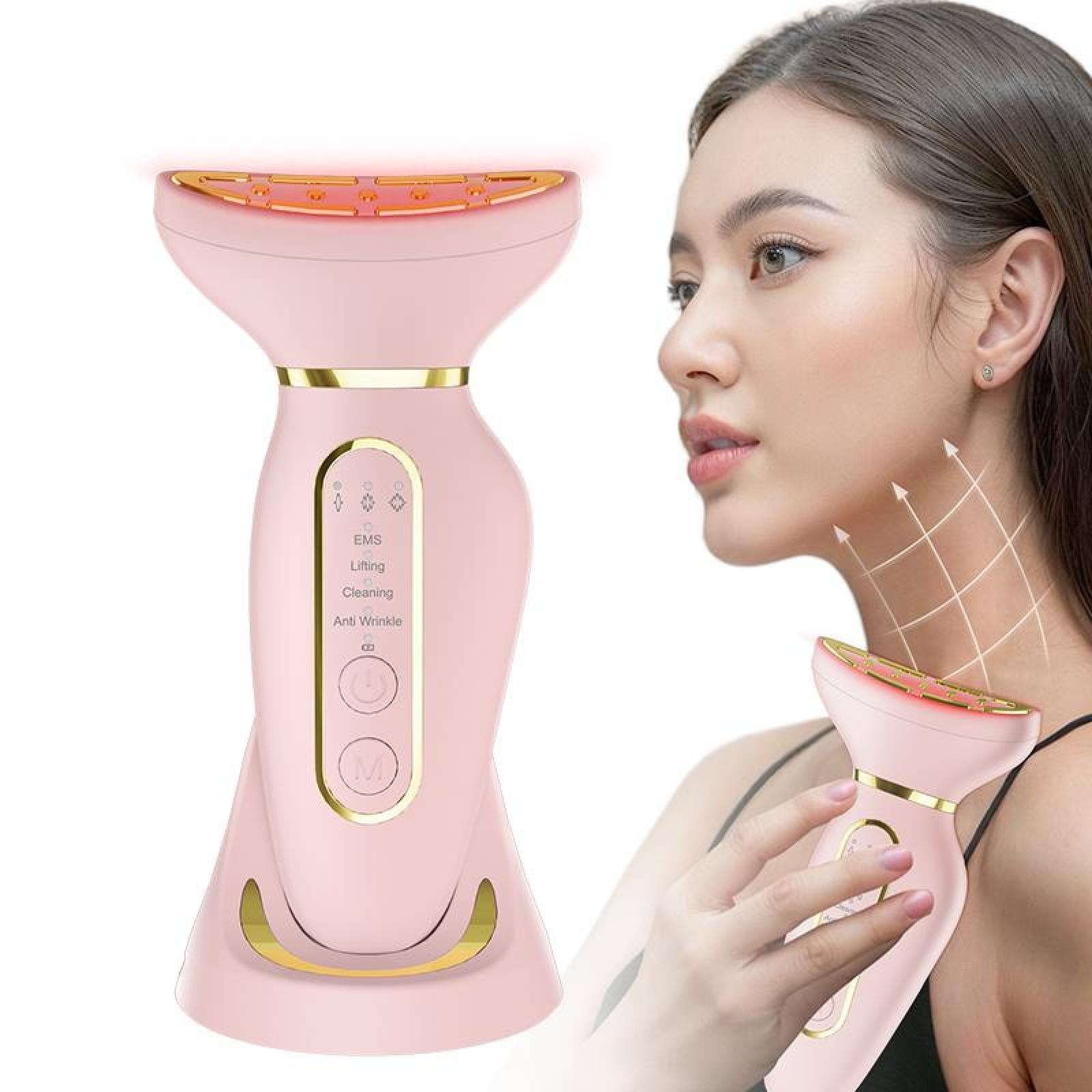 Eine Frau benutzt ein rosa Nackenmassagegerät. Es hat goldene Akzente und einen beleuchteten Kopf. Pfeile zeigen die Hautbehandlung an.
