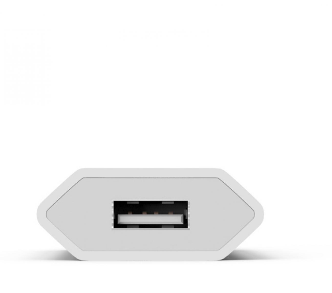 Ein weißes USB-Ladegerät mit schwarzem USB-Anschluss, zentriert auf weißem Hintergrund.