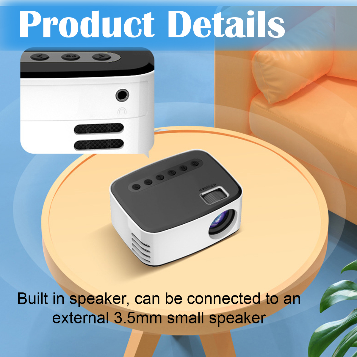 Ein weiß-schwarzer Projektor auf einem Tisch. Text lautet "Produktdetails". Er hat einen Lautsprecher und kann an einen 3,5-mm-Lautsprecher angeschlossen werden.