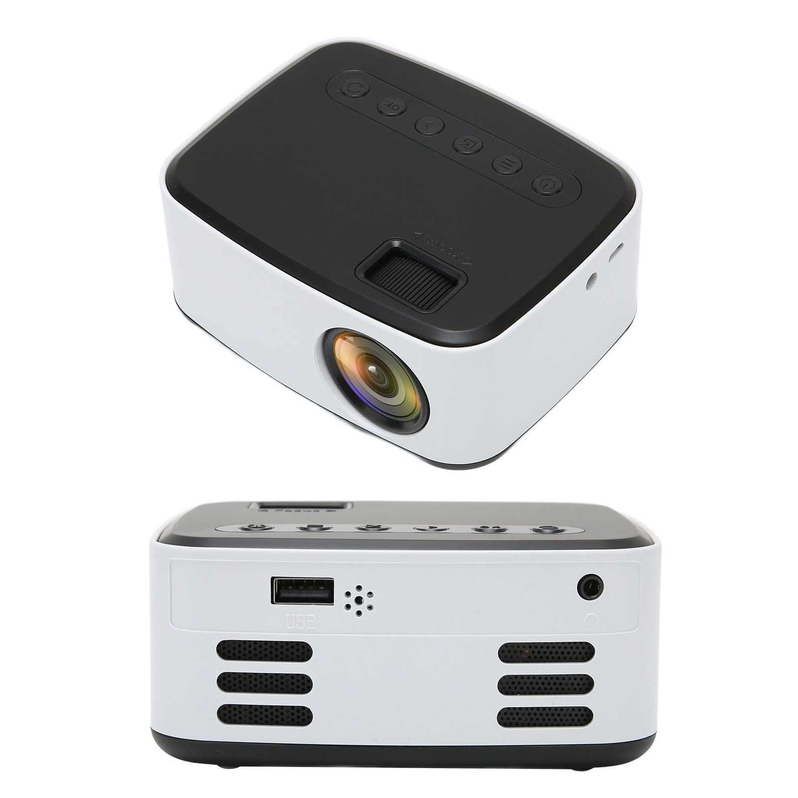Ein weißer und schwarzer Projektor. Oben befinden sich Knöpfe, vorne eine Linse und hinten Anschlüsse. USB- und Audioanschlüsse sind sichtbar.