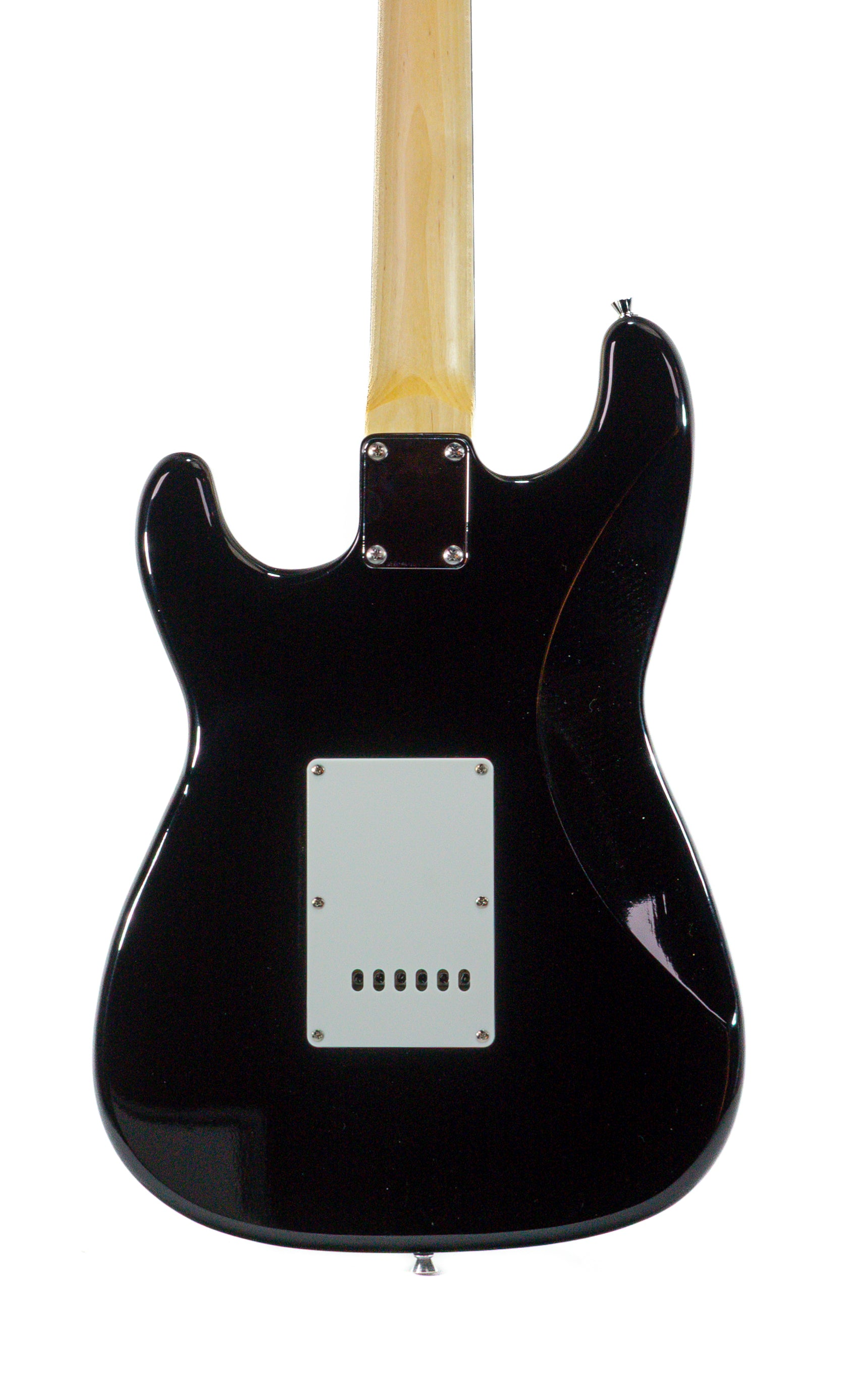 Rückseite einer schwarzen E-Gitarre. Der Hals ist helles Holz. Weißes Schlagbrett hat sechs Löcher. Glänzender schwarzer Korpus.