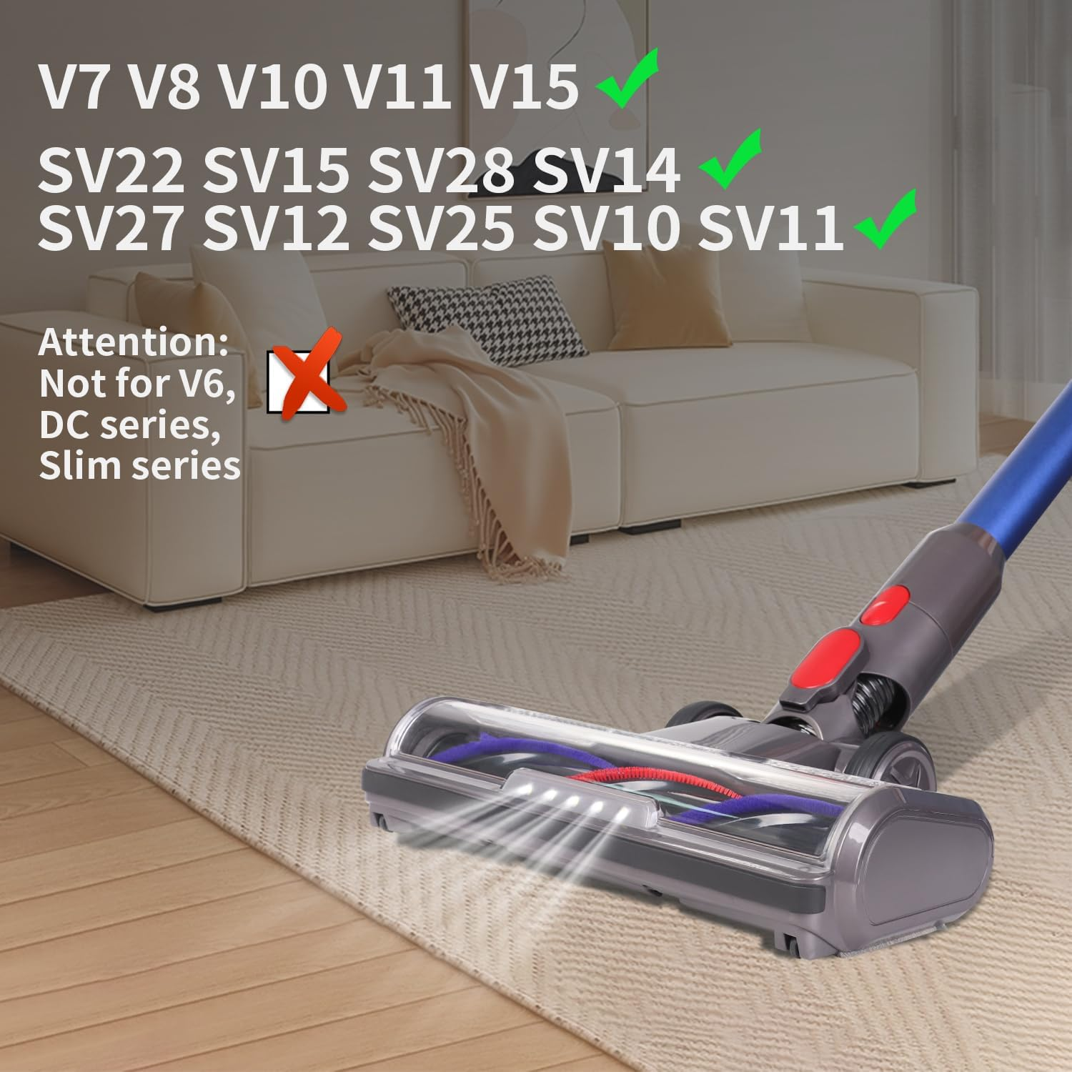 Ein Staubsauger reinigt einen Teppich. Text listet kompatible Modelle. Im Hintergrund sind ein Sofa und Kissen.