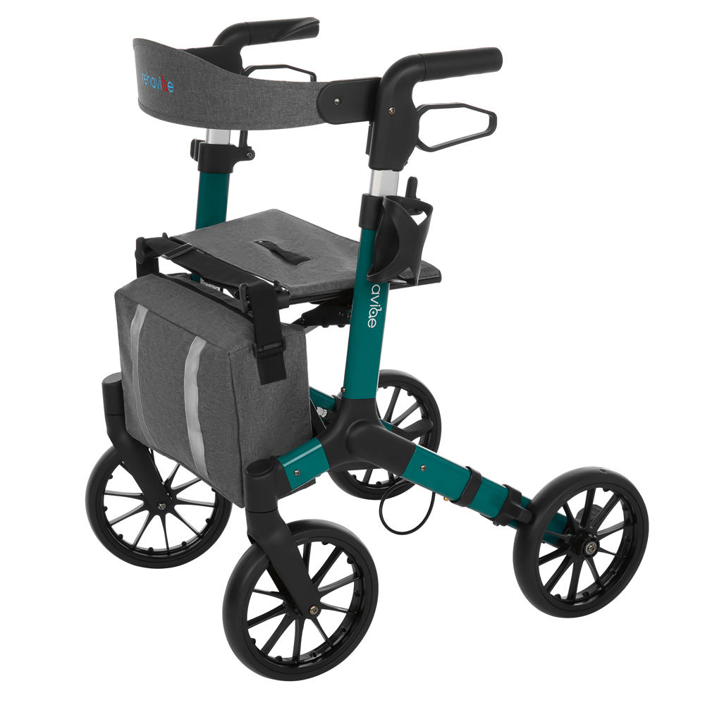 Ein teal-farbener und schwarzer Rollator mit Sitz, Tasche und Griffen. Der Hintergrund ist weiß.