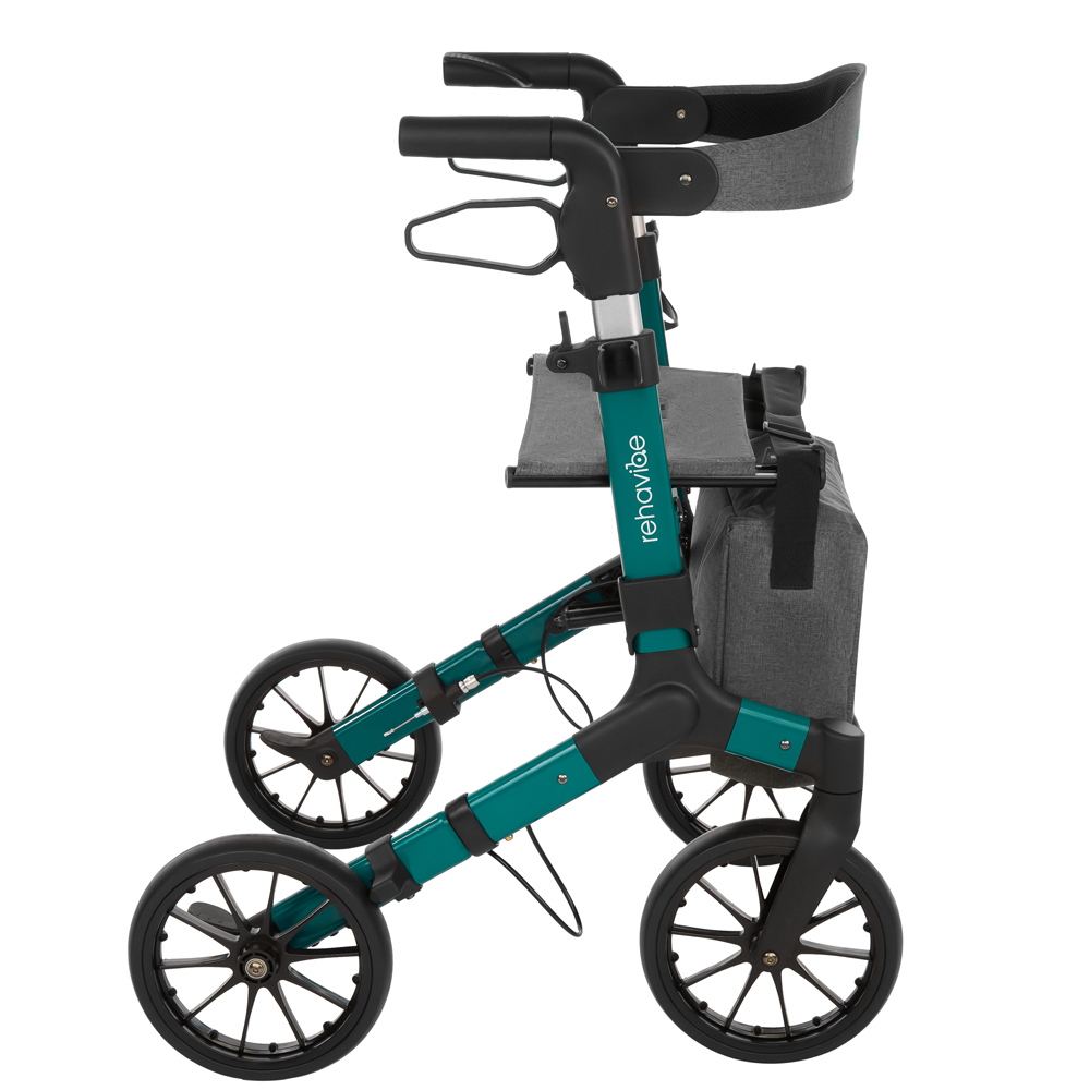 Ein teal-schwarzer Rollator mit vier schwarzen Rädern, einem grauen Sitz und einer Tasche sowie zwei Griffen.