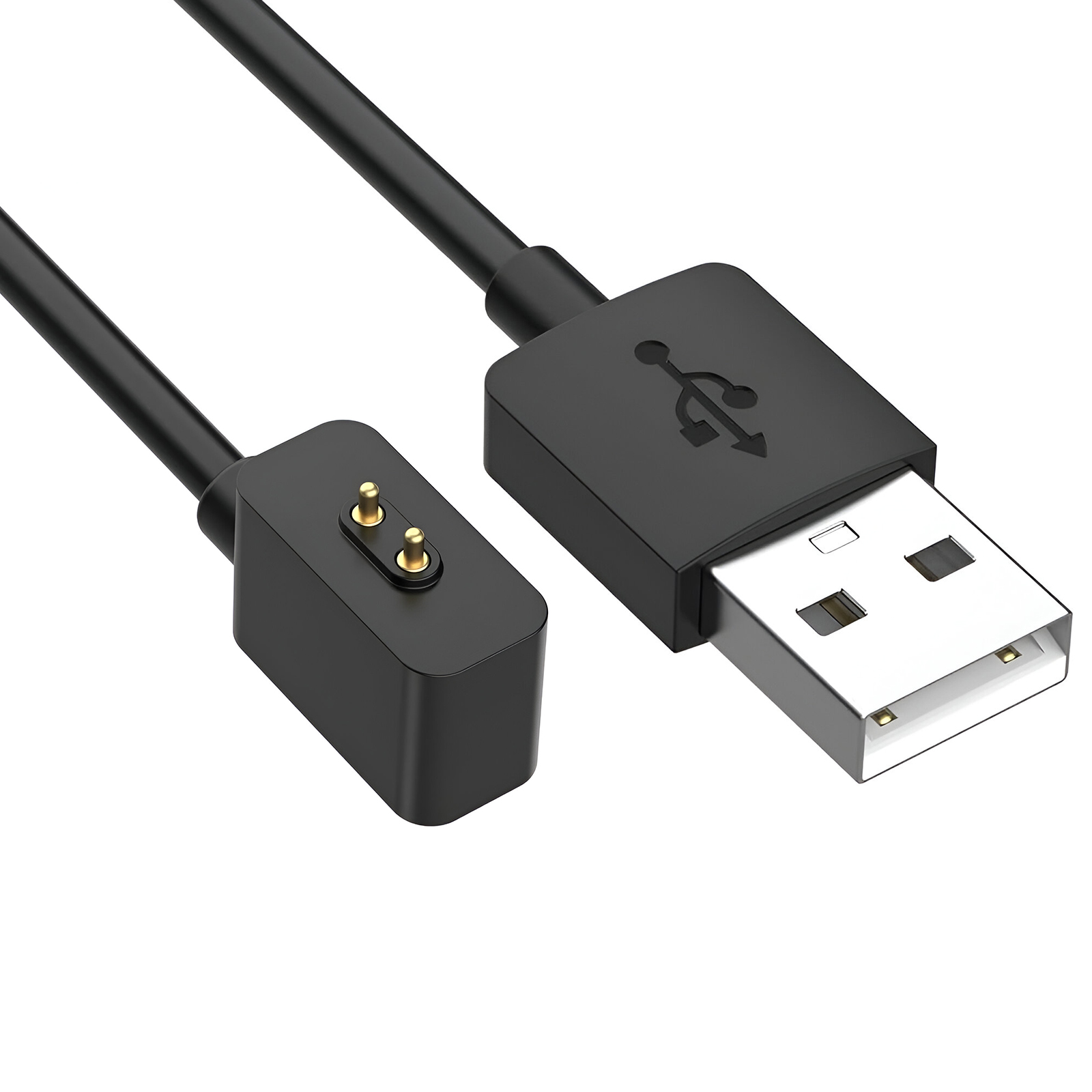Cavo di ricarica USB nero con connettore magnetico e spina USB-A su sfondo bianco.
