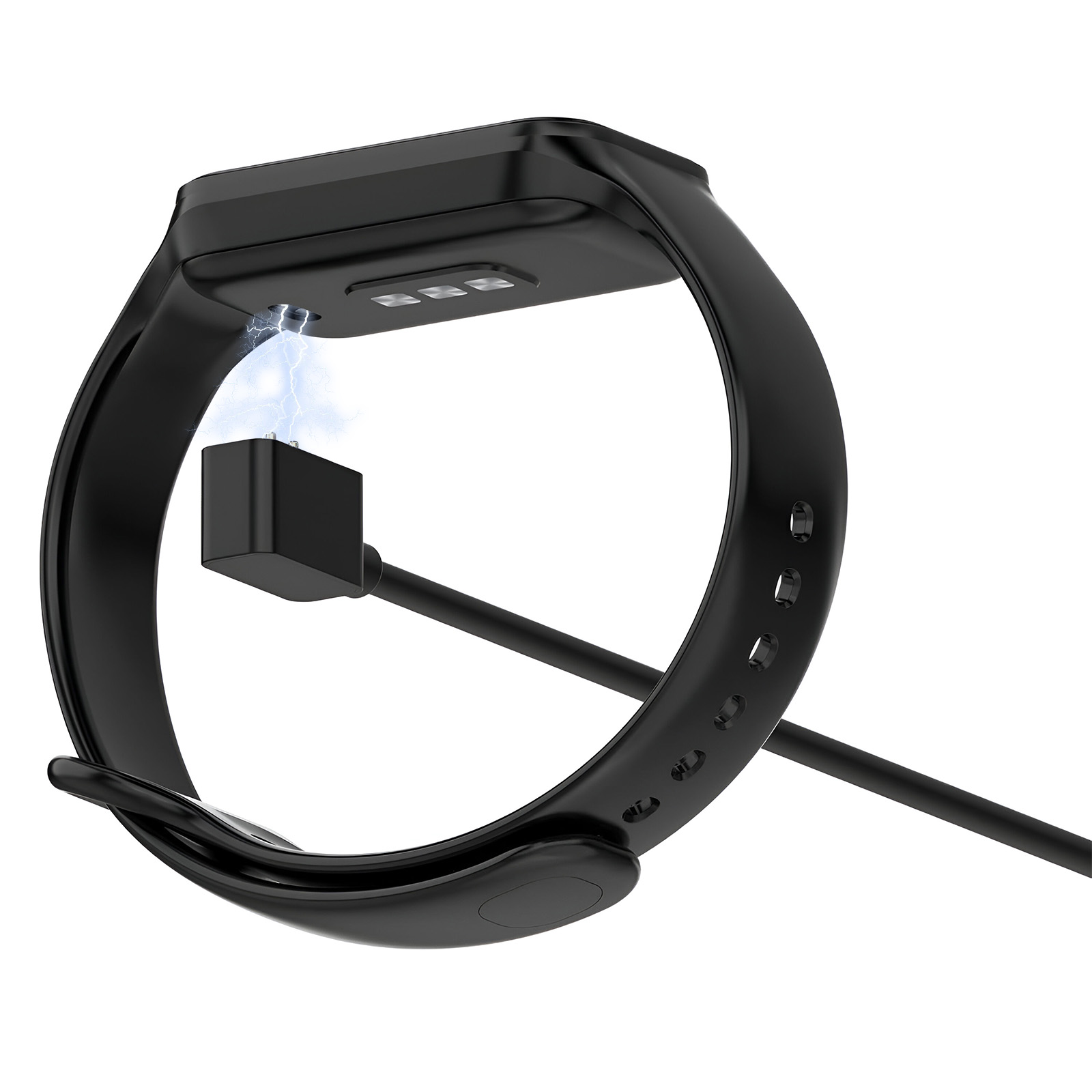 Uno smartwatch nero in carica. Un fulmine collega l'orologio a una piccola base di ricarica nera.
