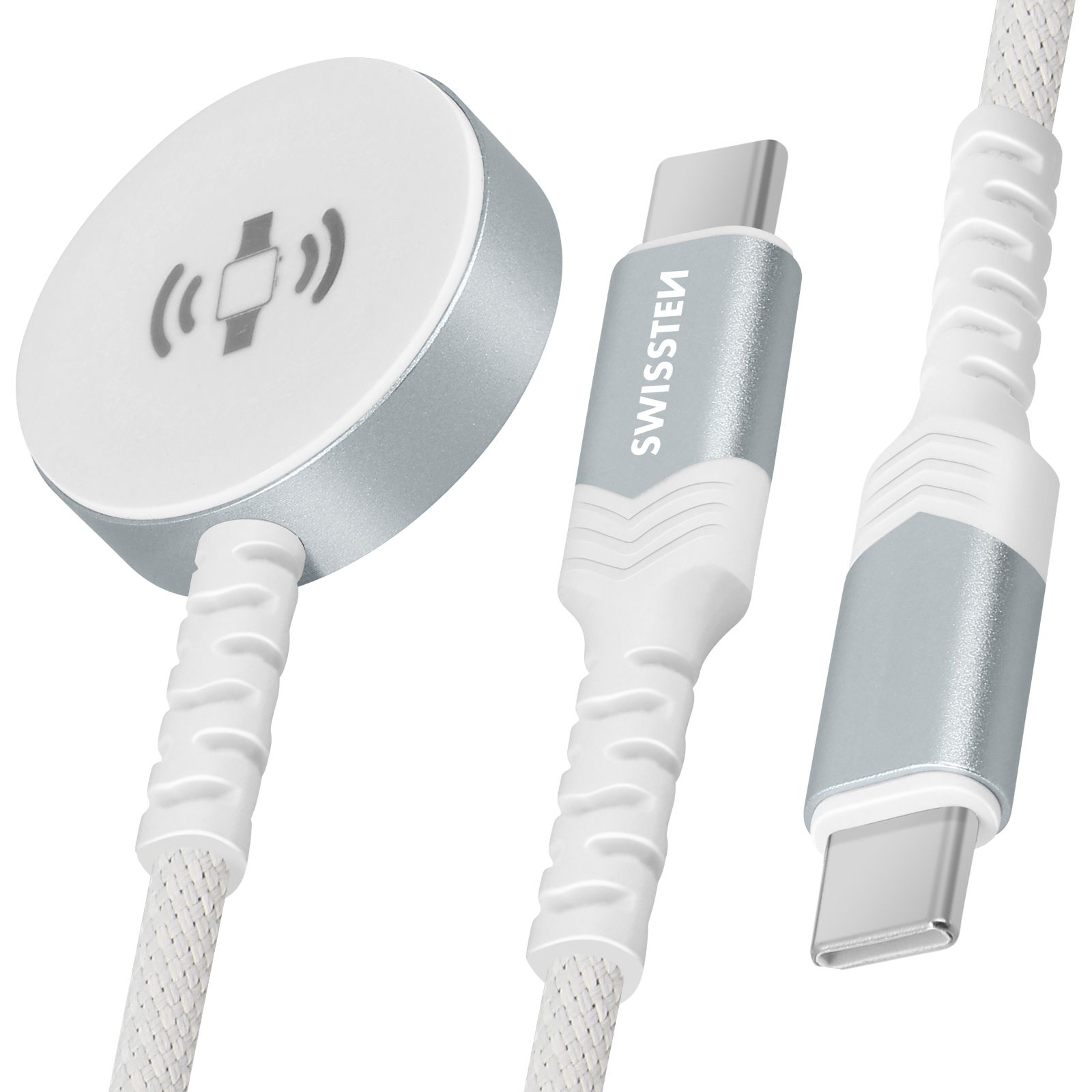 Caricabatterie wireless bianco e argento per smartwatch, con cavi e connettori USB-C. Il marchio è visibile.