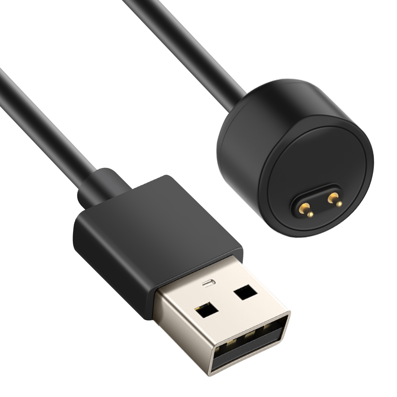 Un cable cargador USB negro. Tiene un conector USB y un cabezal de carga redondo con dos pines dorados.