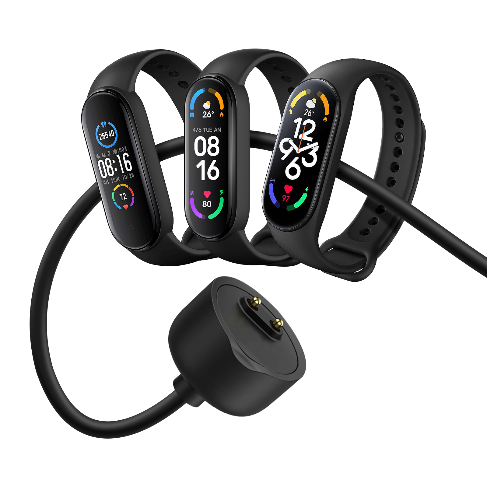 Tres smartwatches negros con pantallas mostrando hora y estadísticas, conectados a una base de carga.
