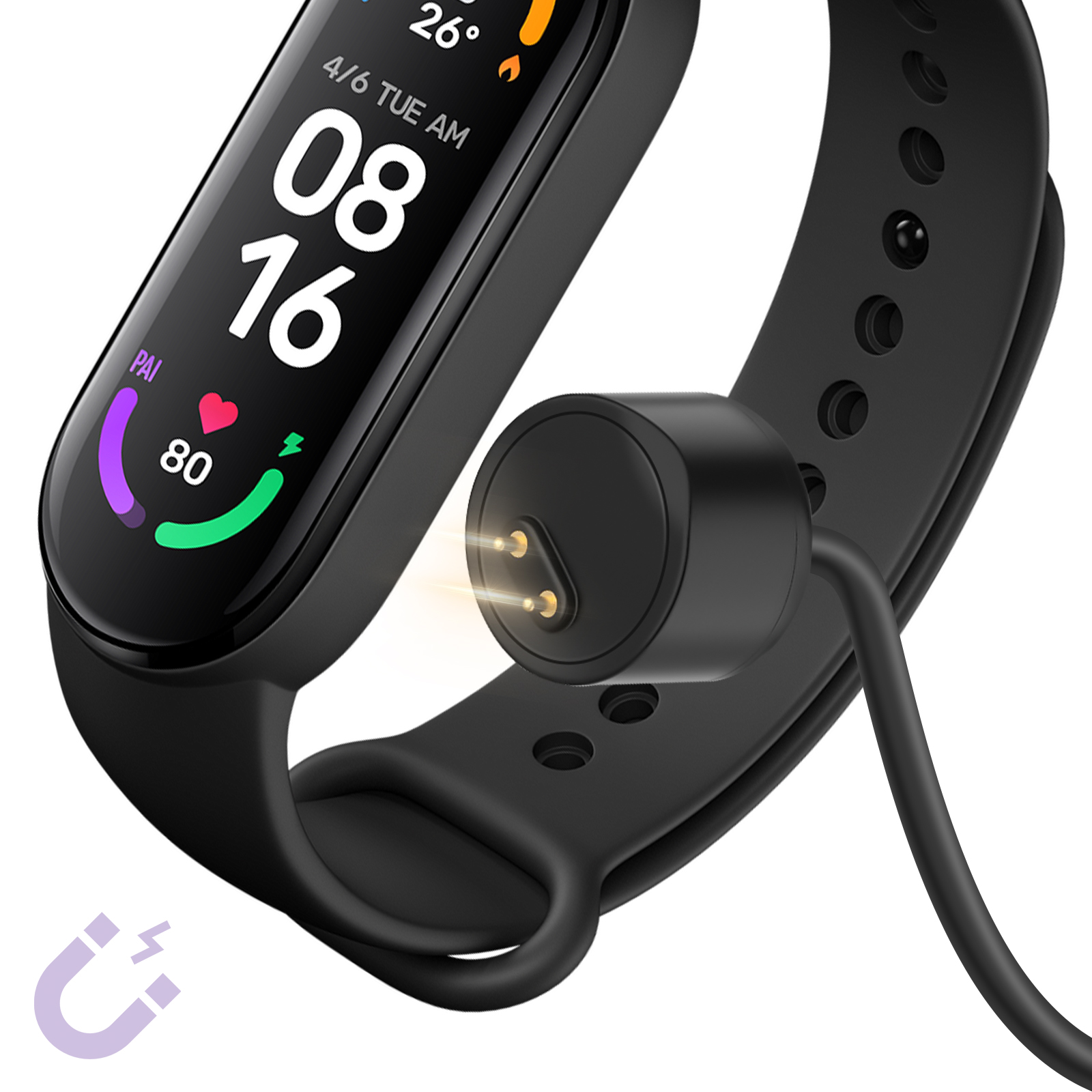 Reloj inteligente negro con cargador. La pantalla muestra la hora y datos de salud. El cargador es magnético.