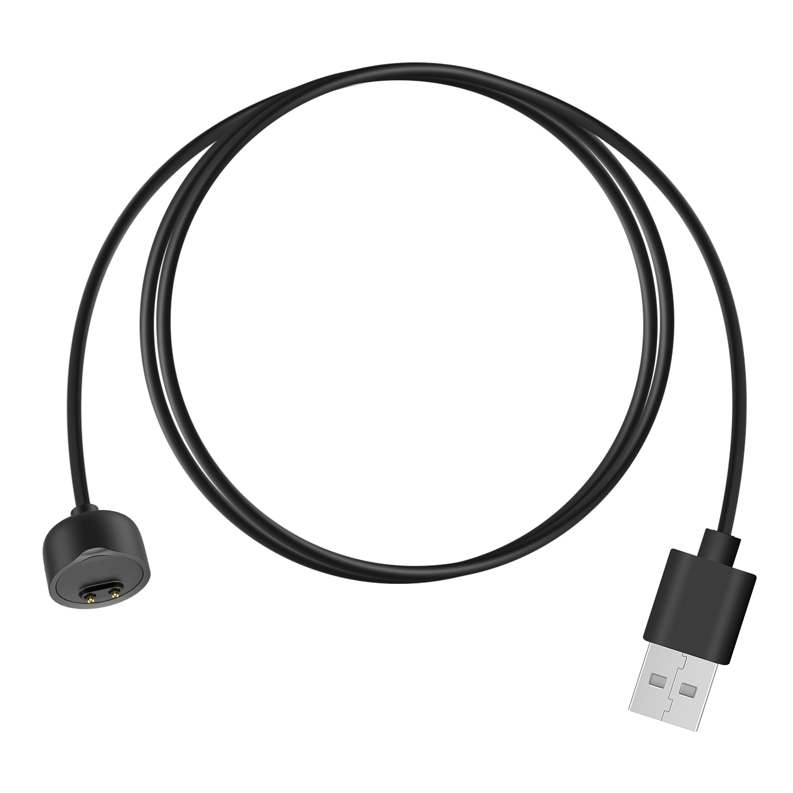 Un cable de carga negro con un conector USB en un extremo y un cabezal de carga circular en el otro, sobre fondo blanco.