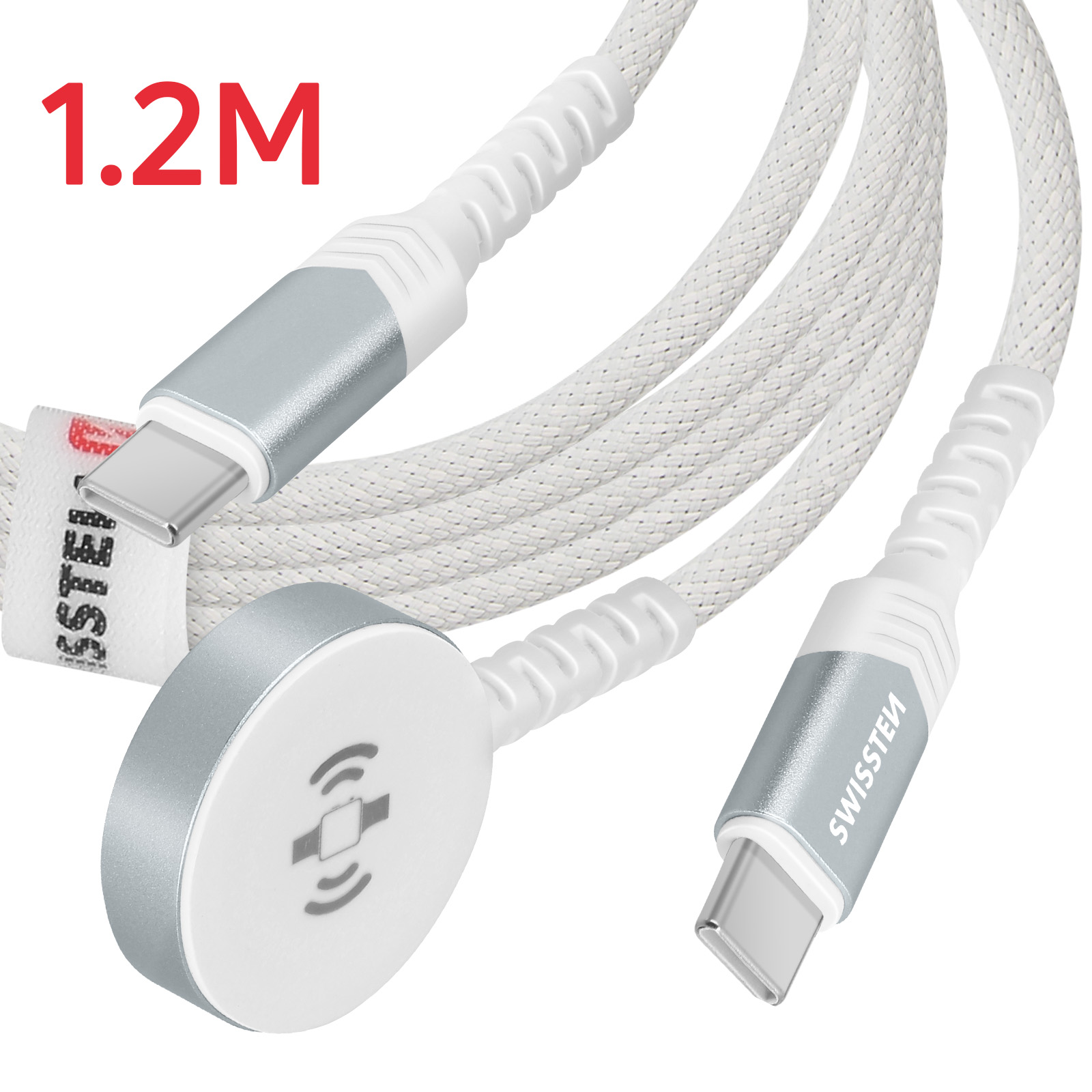 Un cavo bianco intrecciato con connettori argentati. Il cavo ha un disco di ricarica magnetico ed è etichettato Swisssten.
