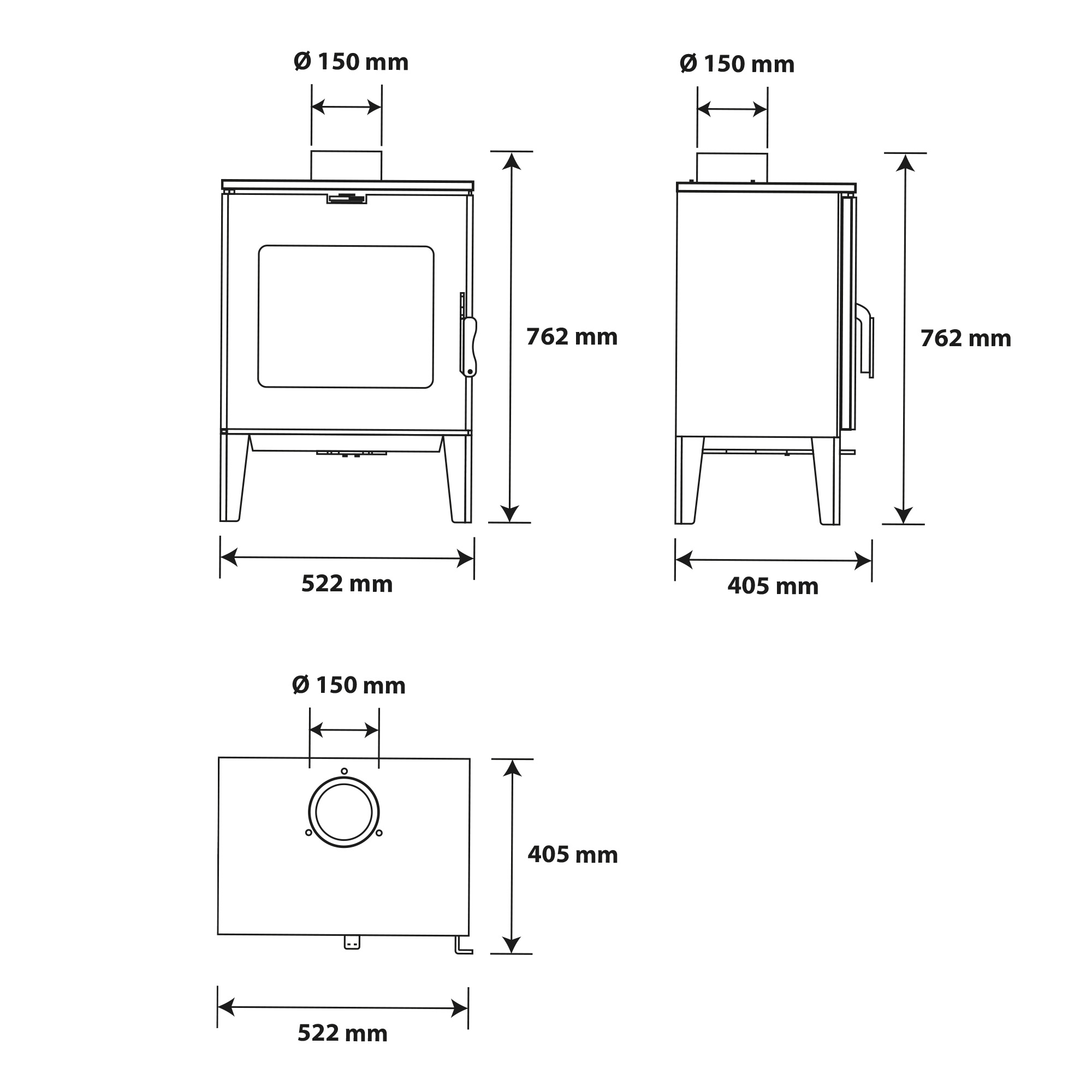 Diagram van een kachel, zijaanzicht en bovenaanzicht. Afmetingen: hoogte 762 mm, breedte 522 mm, diepte 405 mm, schoorsteendiameter 150 mm.