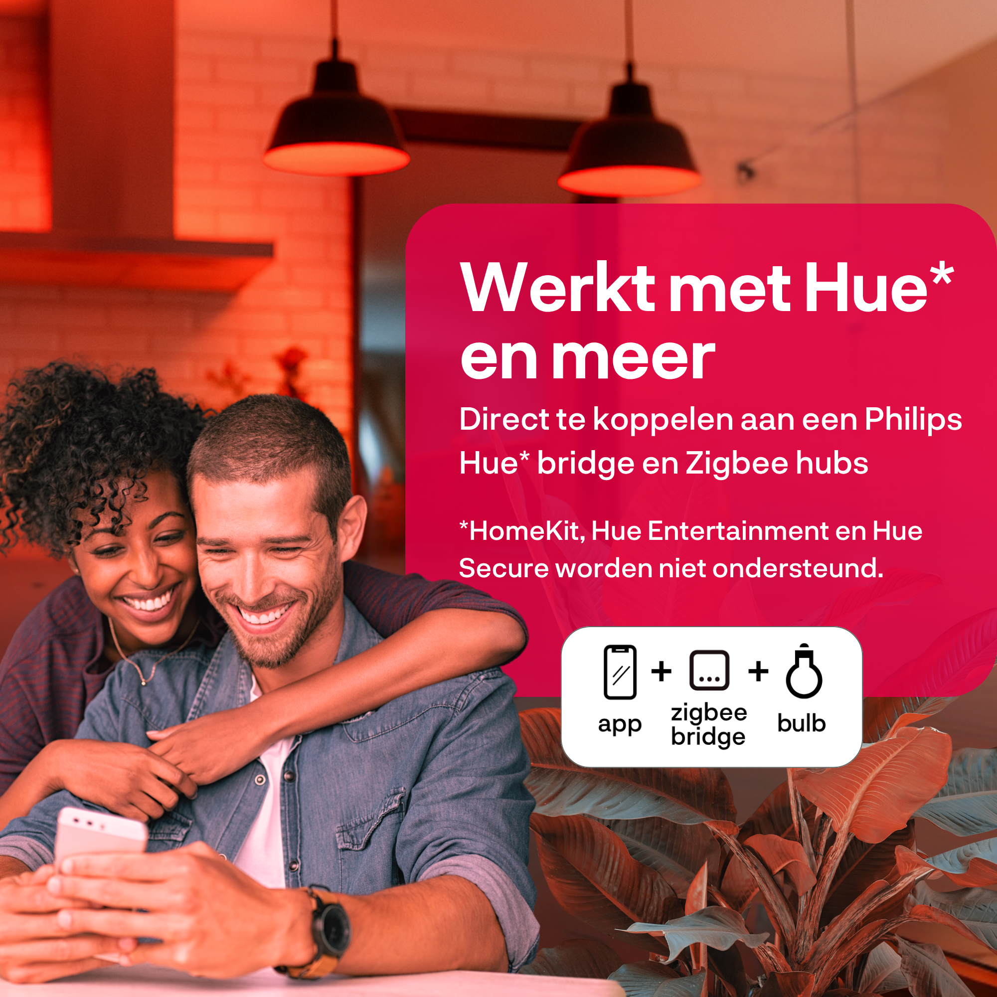 Ein lächelndes Paar blickt auf ein Telefon. Text zeigt 'Works with Hue' und App-, Bridge- und Glühbirnen-Icons.