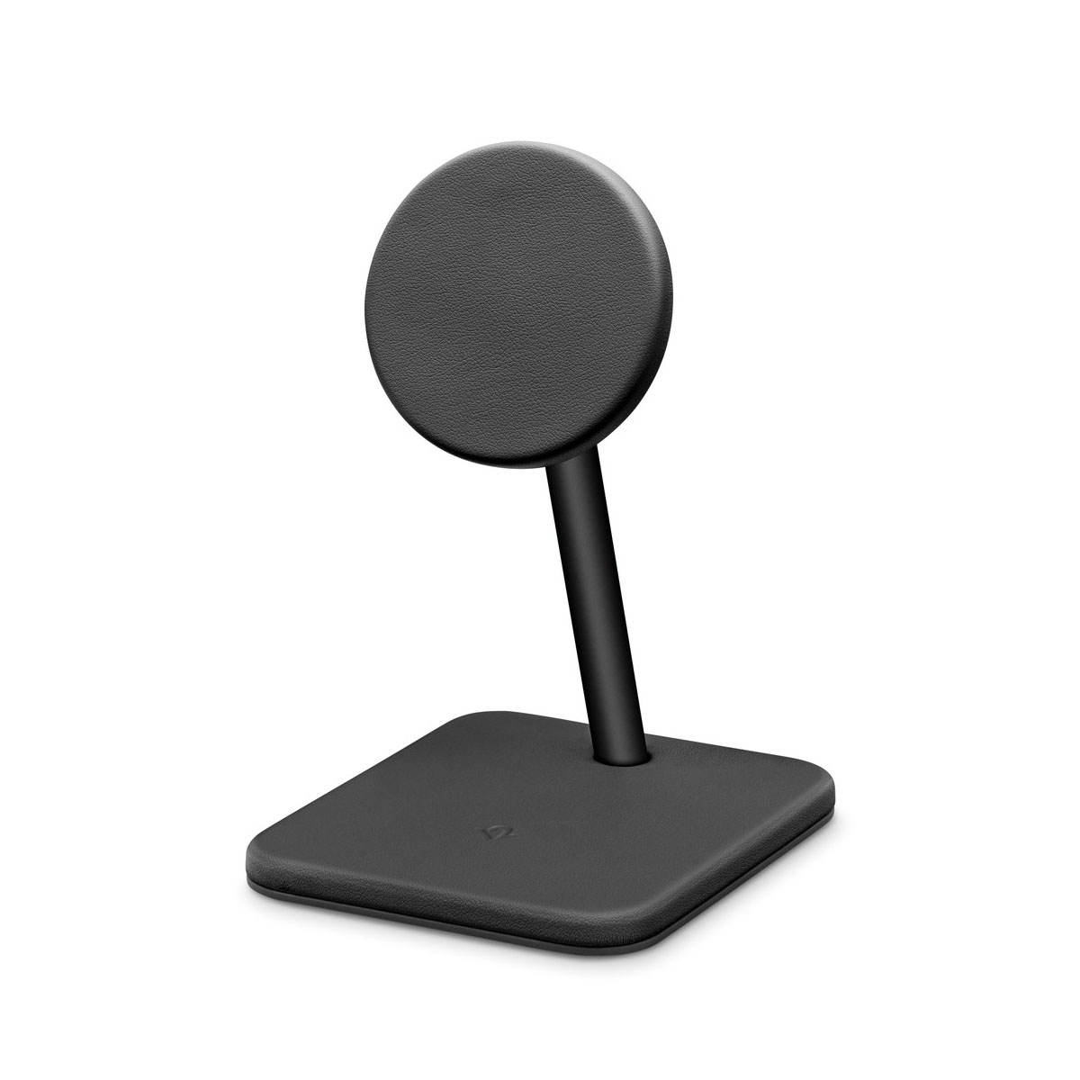Un caricabatterie wireless nero. Ha una parte superiore circolare, un gambo e una base quadrata. Tutte le parti sono nere su sfondo bianco.