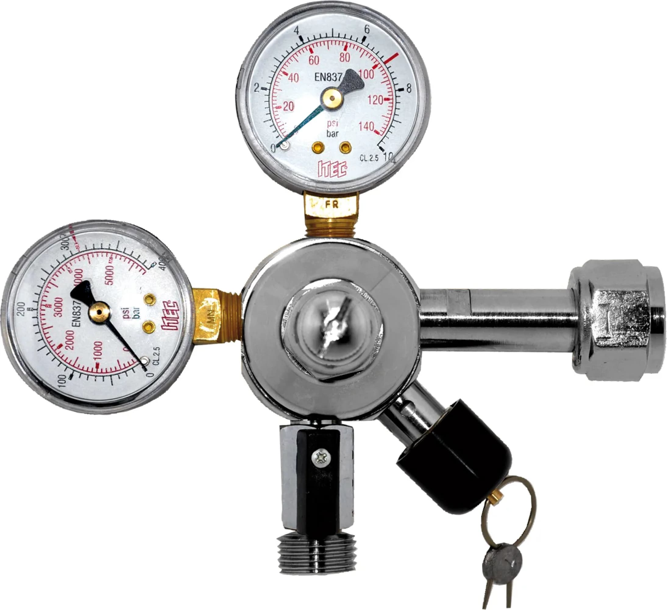 Een drukregelaar met twee meters geeft de drukmetingen weer. Een sleutel is bevestigd aan een zwarte knop.