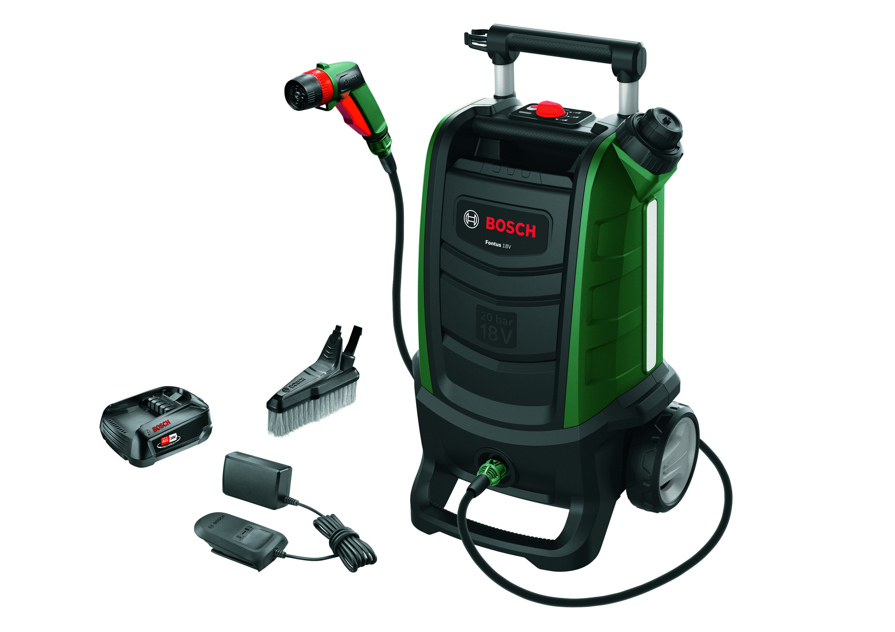 Nettoyeur haute pression Bosch avec accessoires. Vert et noir avec bouton rouge. Batterie, chargeur et brosse inclus.