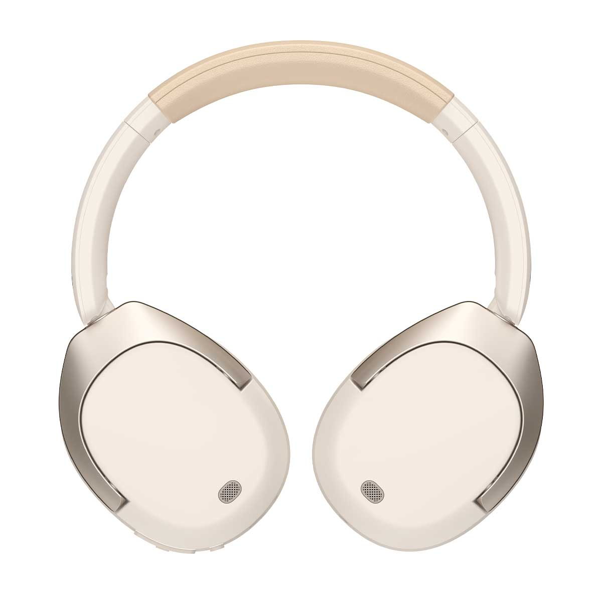 Kremowe słuchawki z beżowym pałąkiem. Nauszniki są owalne, ze srebrnym obramowaniem. Każdy nausznik ma małą kratkę głośnika.