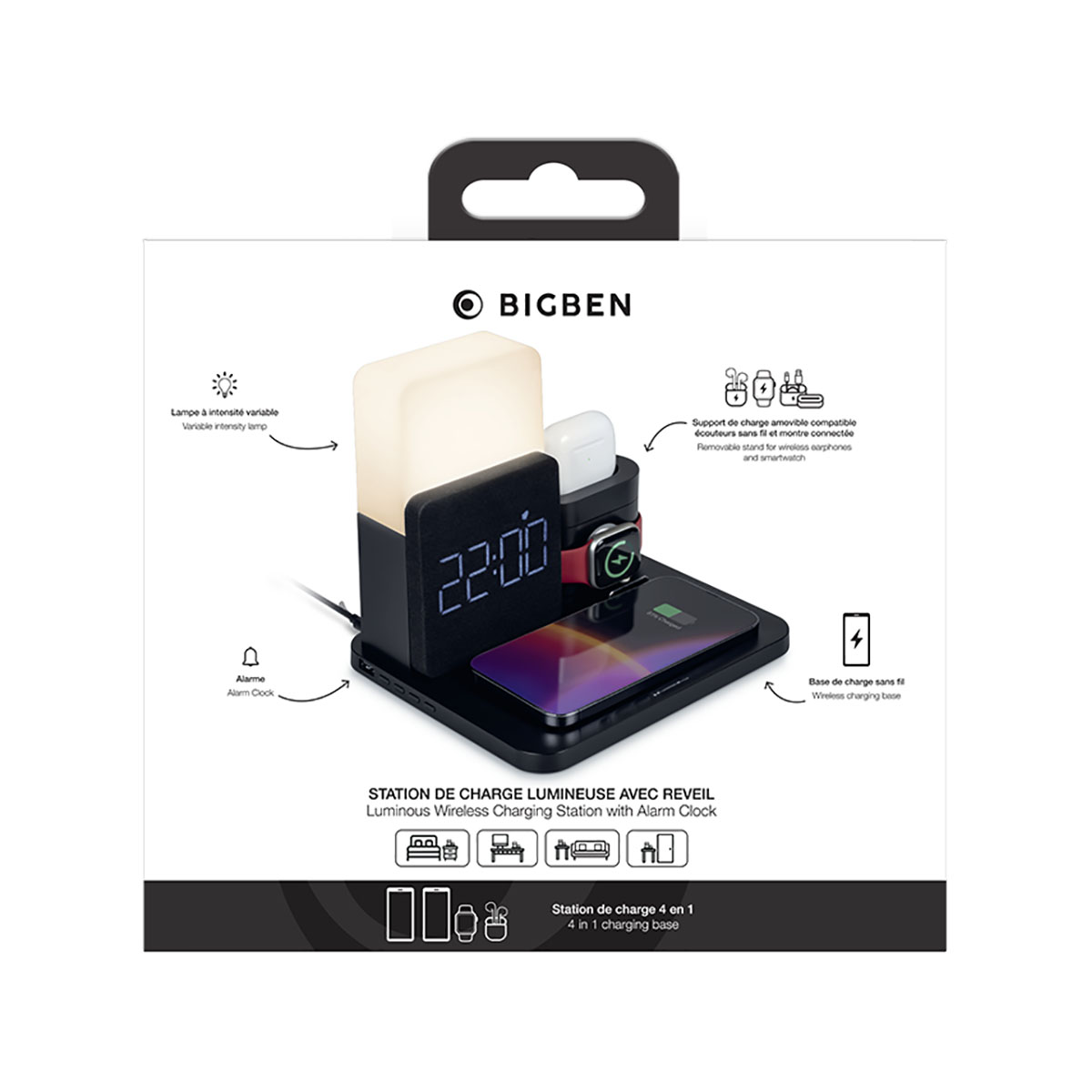 Una stazione di ricarica wireless luminosa con sveglia. Ha una base di ricarica, un orologio e un supporto rimovibile.